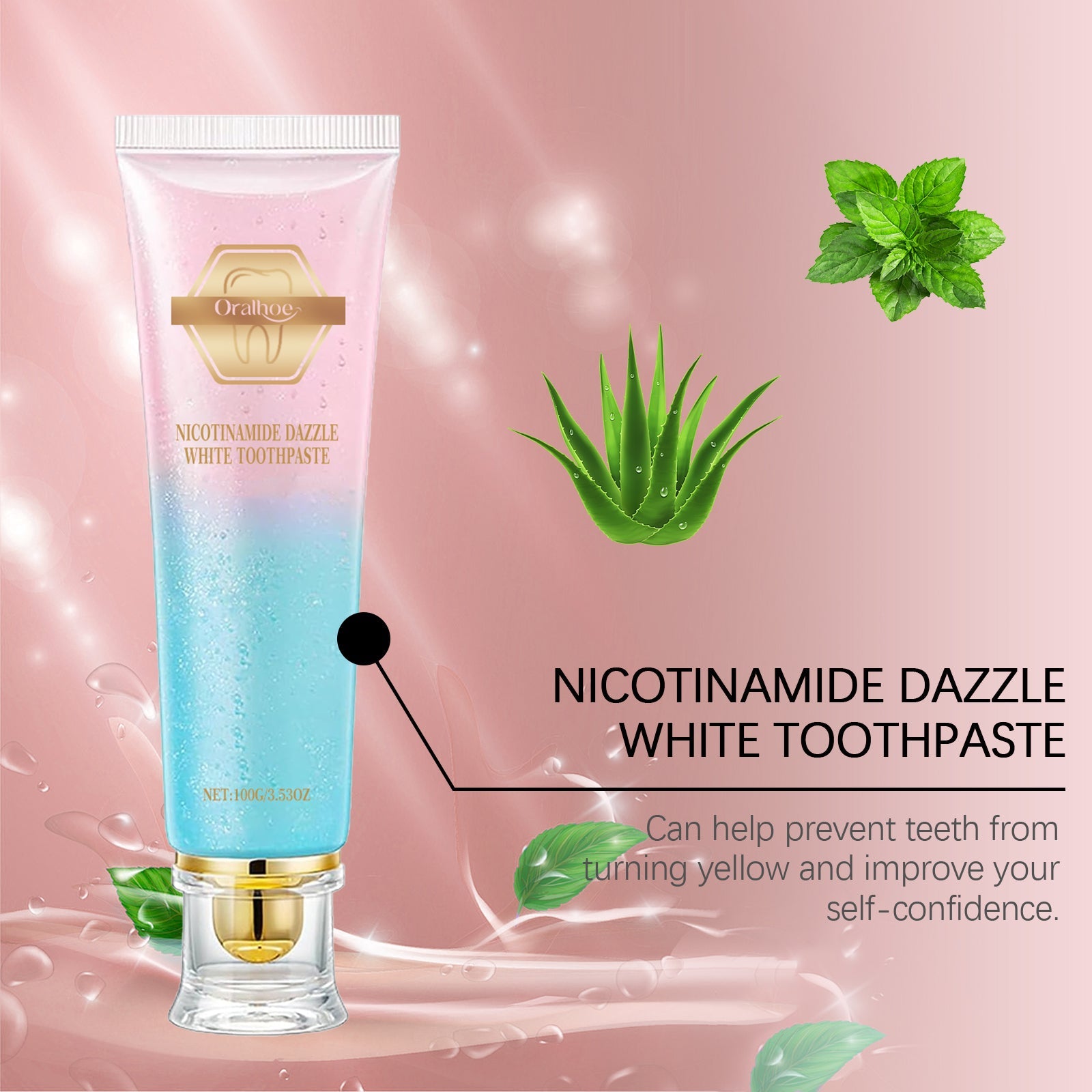 Single tube on soft pink background with aloe and mint leaves, annotated text claiming stain prevention and self-confidence improvement