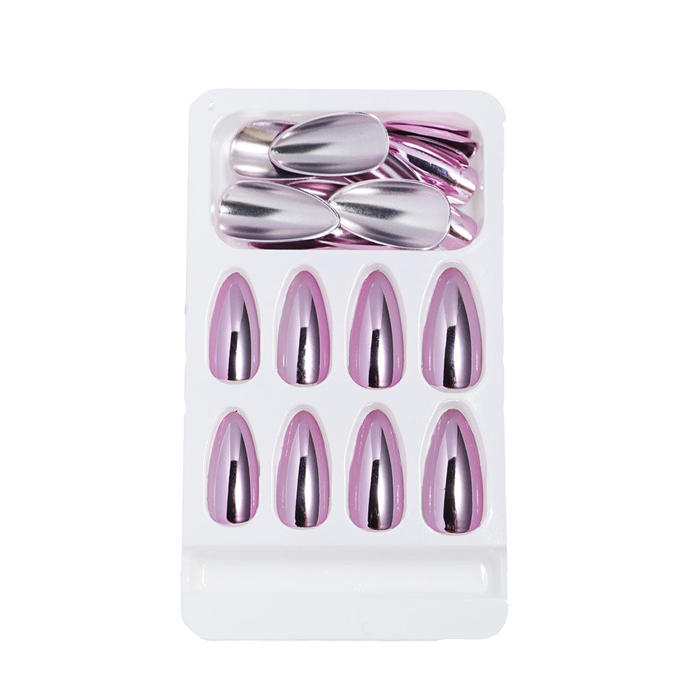 Full nail set display on white background showing all 24 nails in gradient arrangement from rose gold to mauve chrome