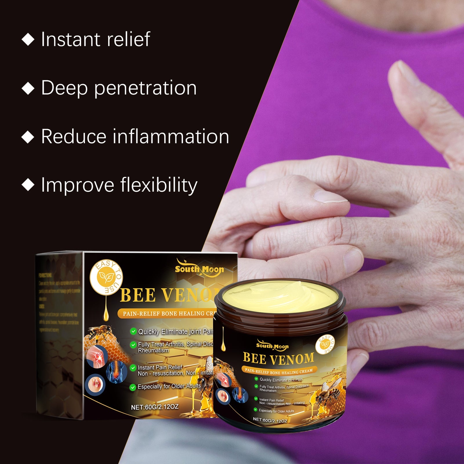 Senior person holding knee with both hands showing pain, then comfort with benefit cards highlighting quick relief and stiffness reduction