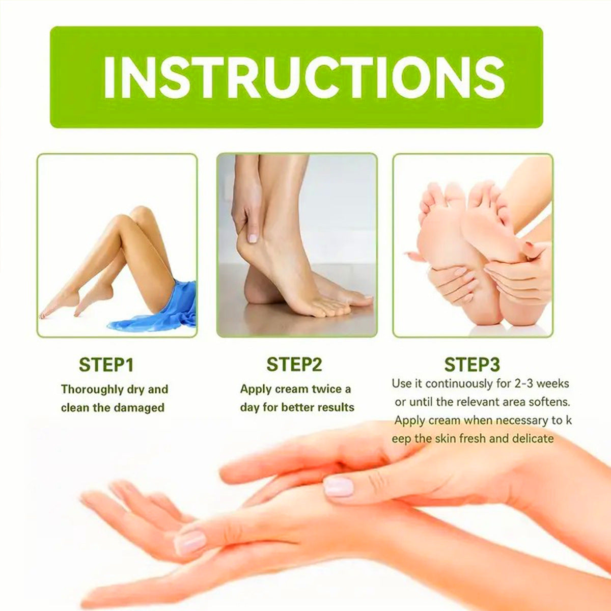 Woman applying cream to her foot in lifestyle setting with two large before/after callout boxes showing cracked heel versus soft, healed heel
