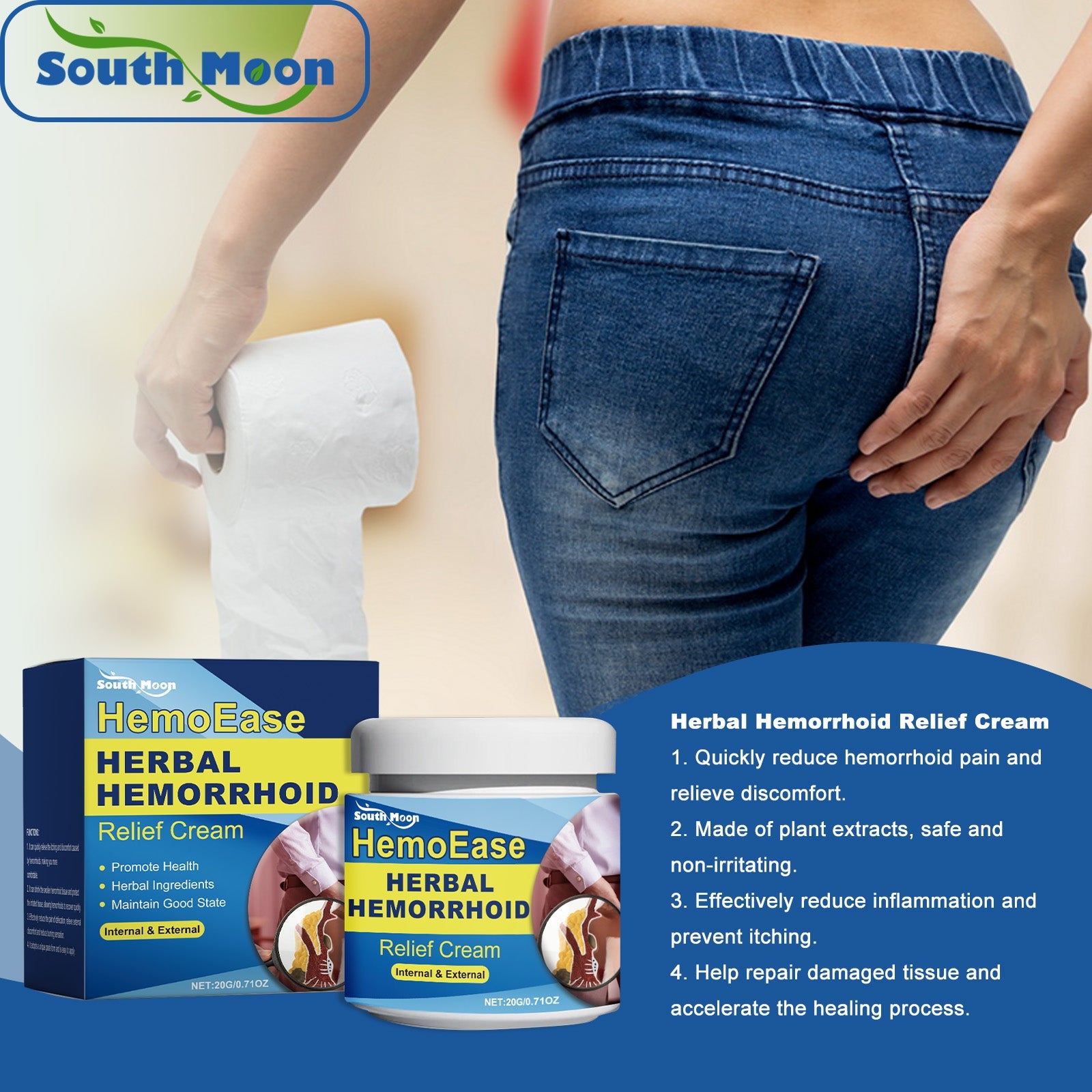 Person in denim jeans holding toilet paper on left; person in jeans touching lower back area on right; South Moon logo and product shown with four key benefits listed on blue background