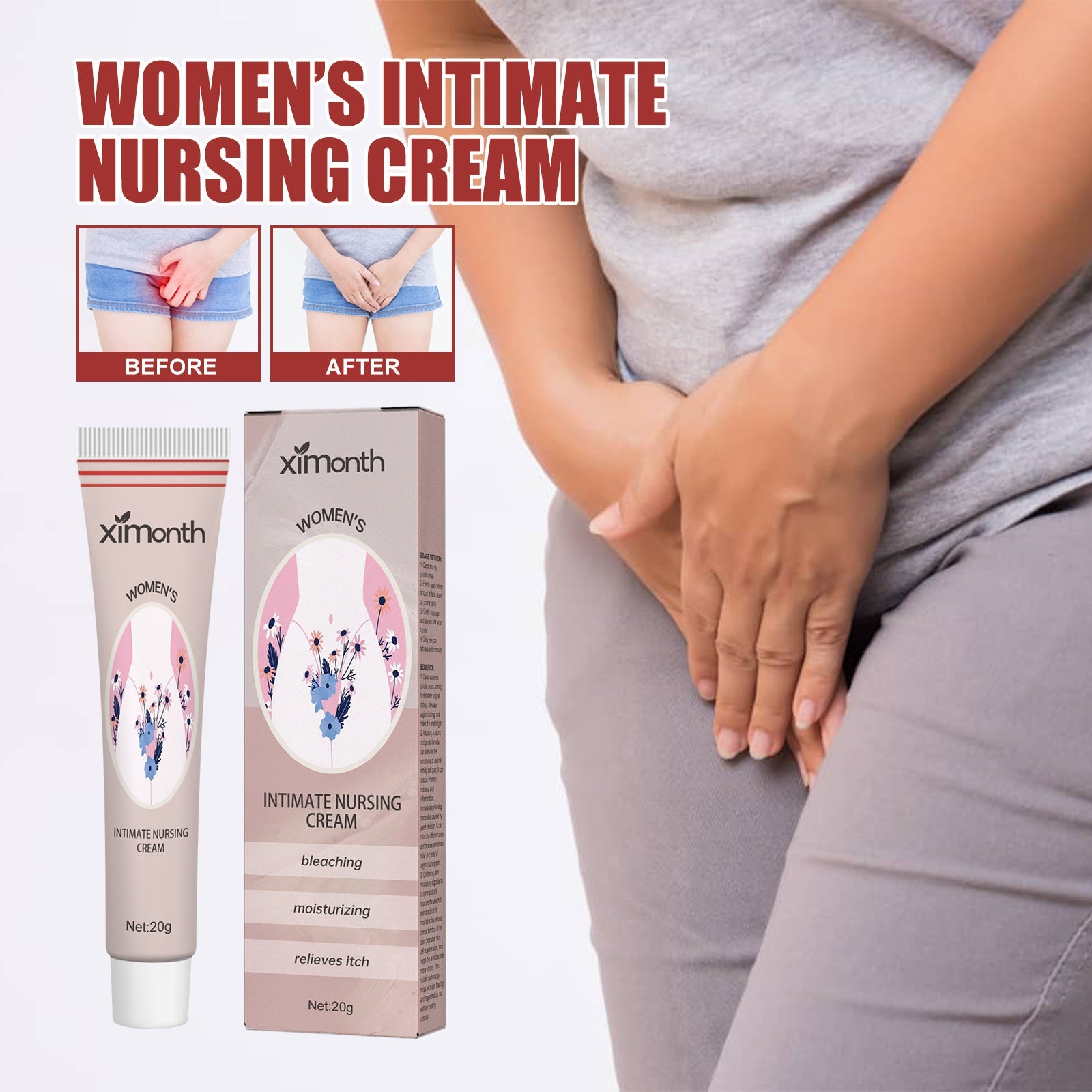 Clinical efficacy claims displayed with percentage badges: 97% fungal infection treatment, 95.5% skin inflammation relief, 98.5% skin repair and temperature control, alongside healthy confident woman