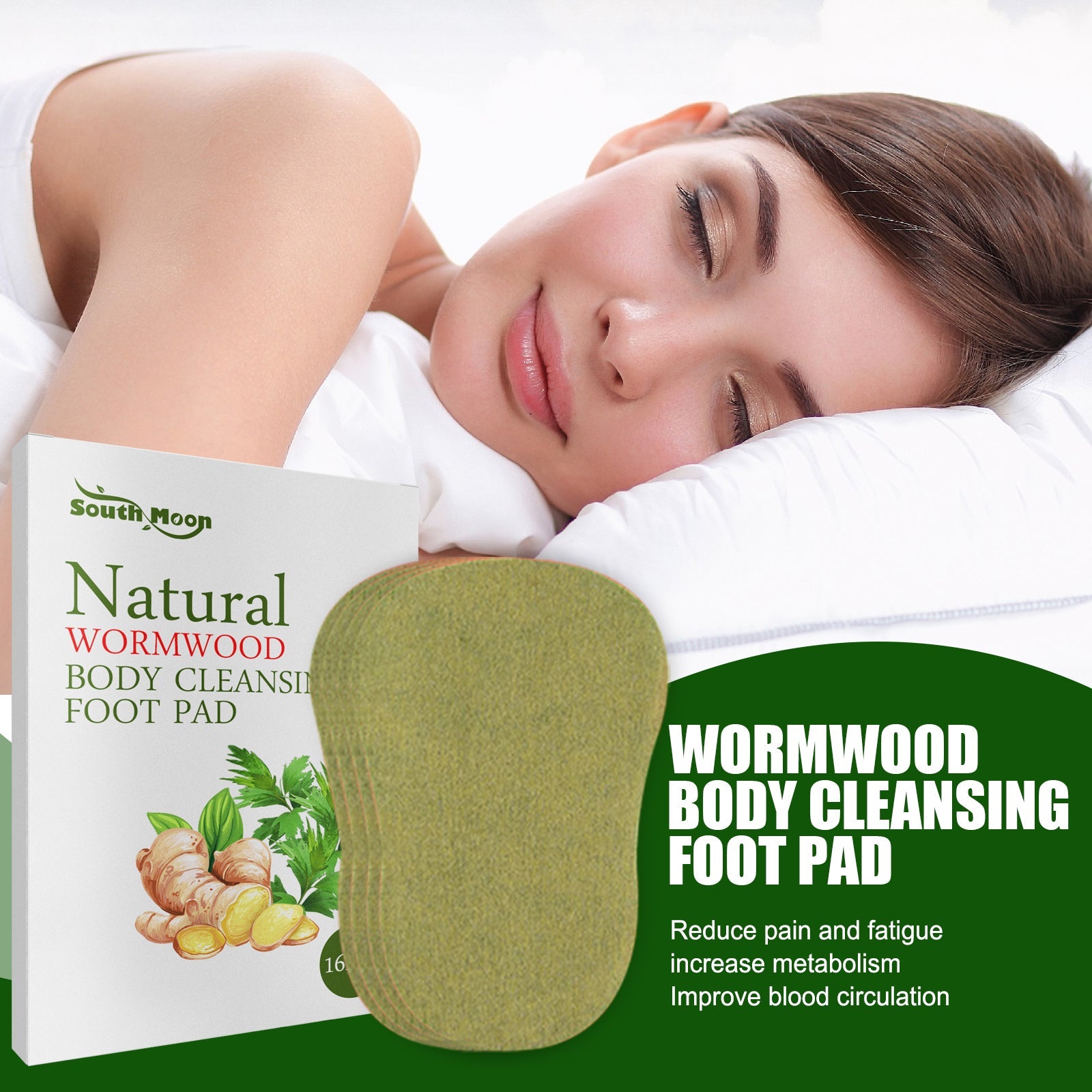 Woman resting peacefully on white bedding with foot pad visible, packaging integrated into composition with green banner highlighting core benefits