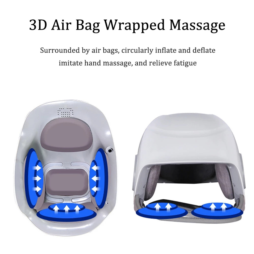Technical diagram showing 3D air-bag wrapped massage with dual inflatable chambers and directional arrows indicating massage motion
