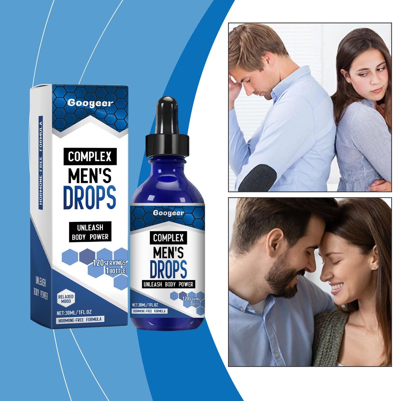 Product packaging showing Googeer Complex Men's Drops box and blue glass dropper bottle