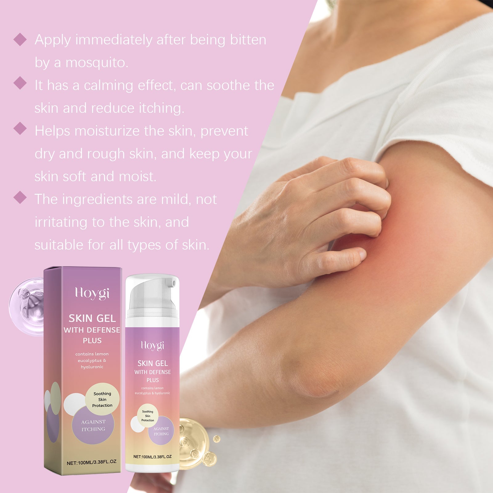 Product packaging with four key benefit bullet points: application timing, calming effect, moisturizing benefits, and ingredient mildness claim. Woman applying gel to reddened arm area