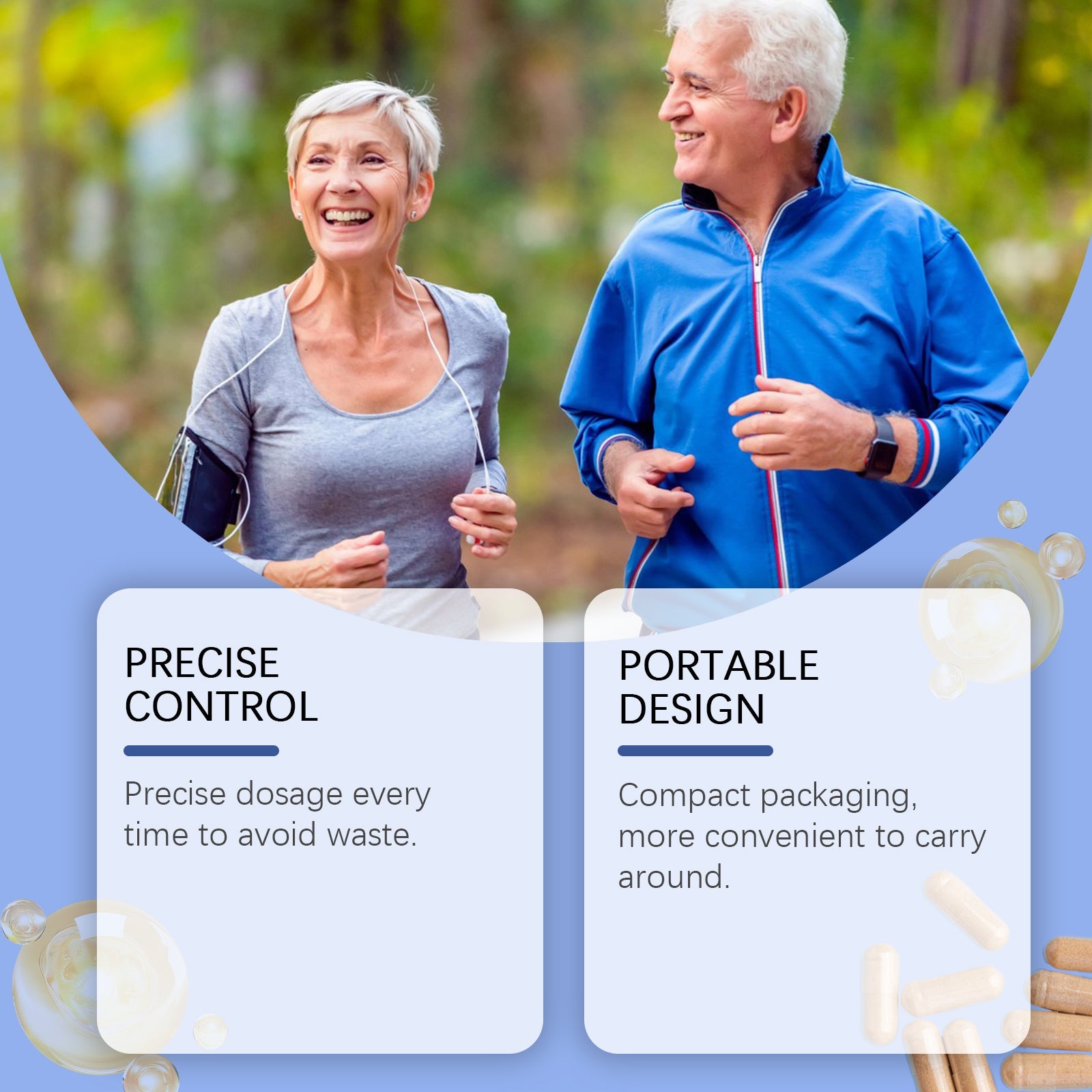 Active senior couple jogging outdoors in natural setting with text overlays 'Precise Control' and 'Portable Design'