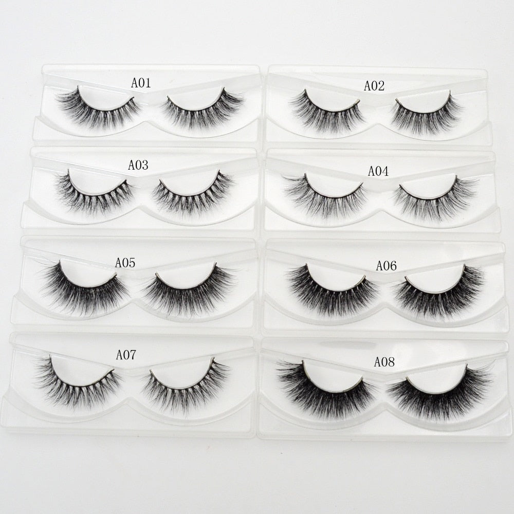 Grid of 8 paired full strip styles (A01-A08) in clear plastic trays showing dimensional depth