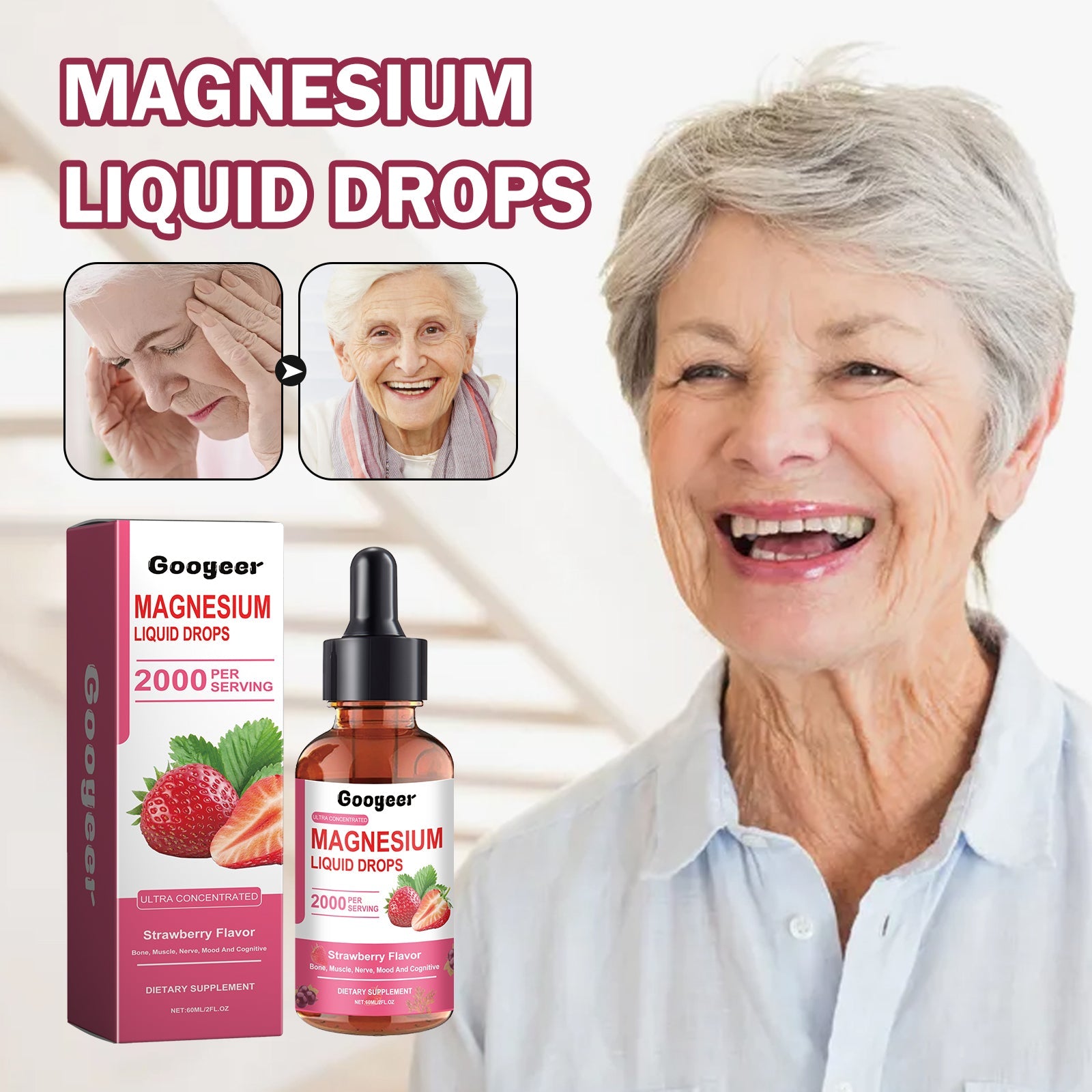 Older woman smiling confidently in white shirt with product packaging visible, flanked by before/after mini icons showing headache relief and mood improvement