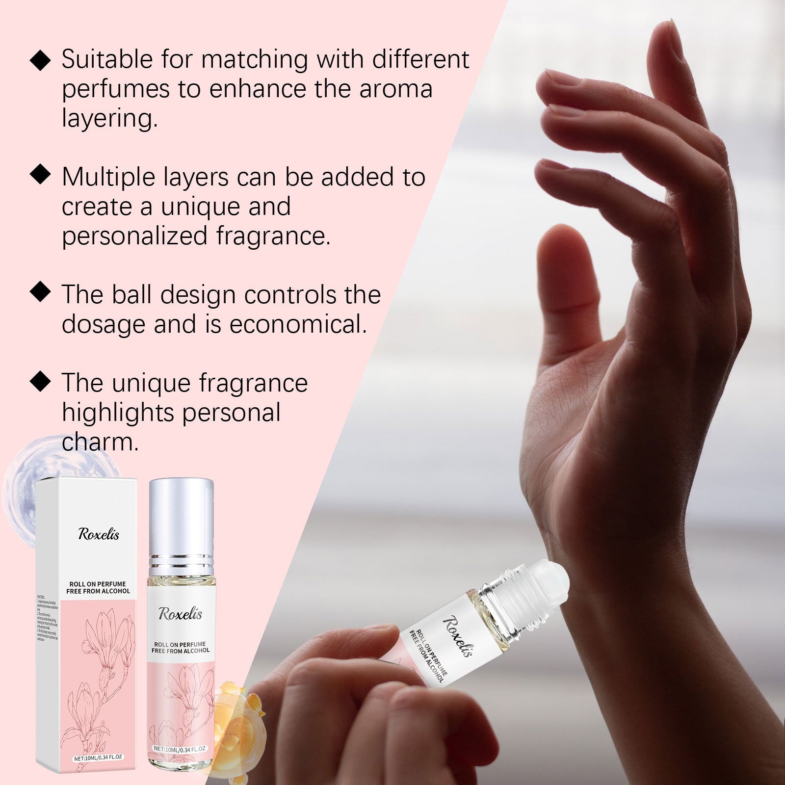Close-up of dark-skinned hands demonstrating roll-on application with product claims about layering, dosage control, and personal charm