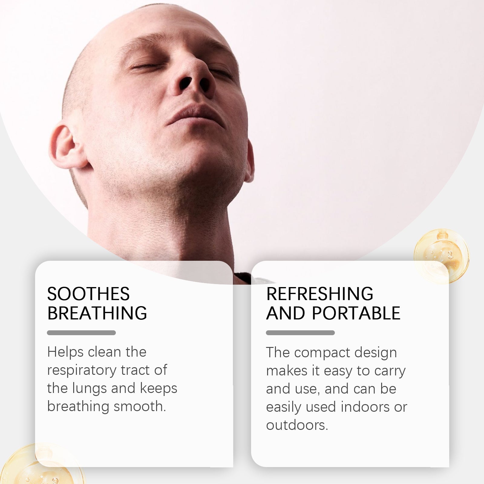 Man with tilted head showing relief expression with overlay text highlighting benefits