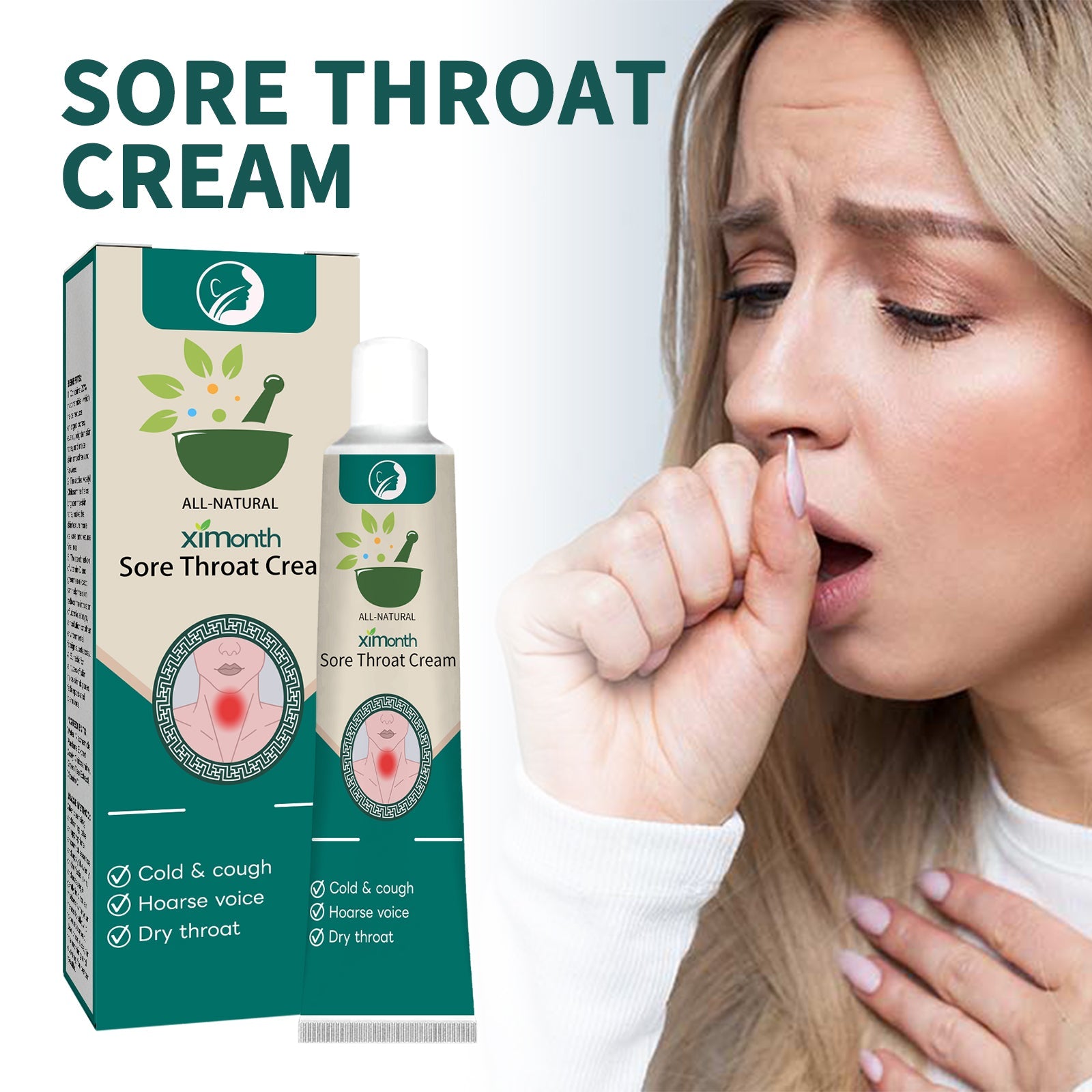 Duplicate product shot showing front and back packaging design with clinical throat relief illustrations