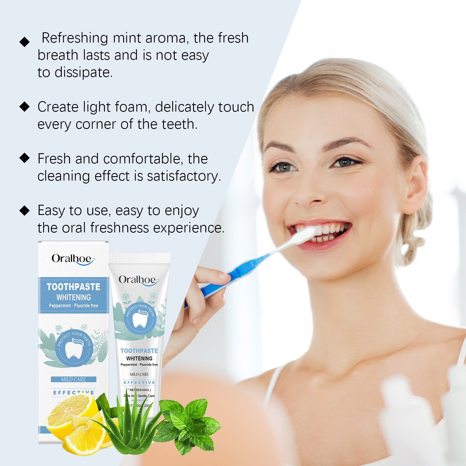 Woman brushing teeth with product, accompanied by key benefit claims: mint aroma, light foam, thorough cleaning, easy use