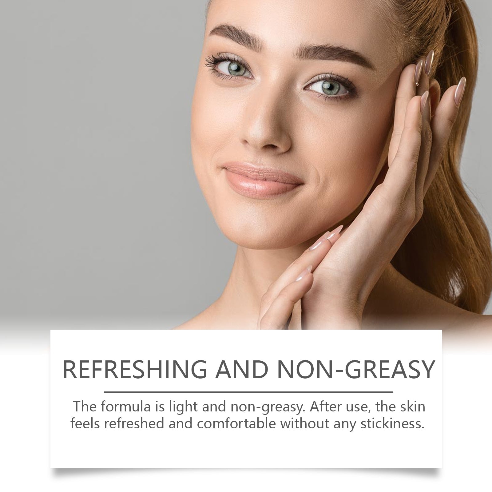 Close-up of woman's face with text overlay 'REFRESHING AND NON-GREASY' and description of light formula leaving skin comfortable without stickiness