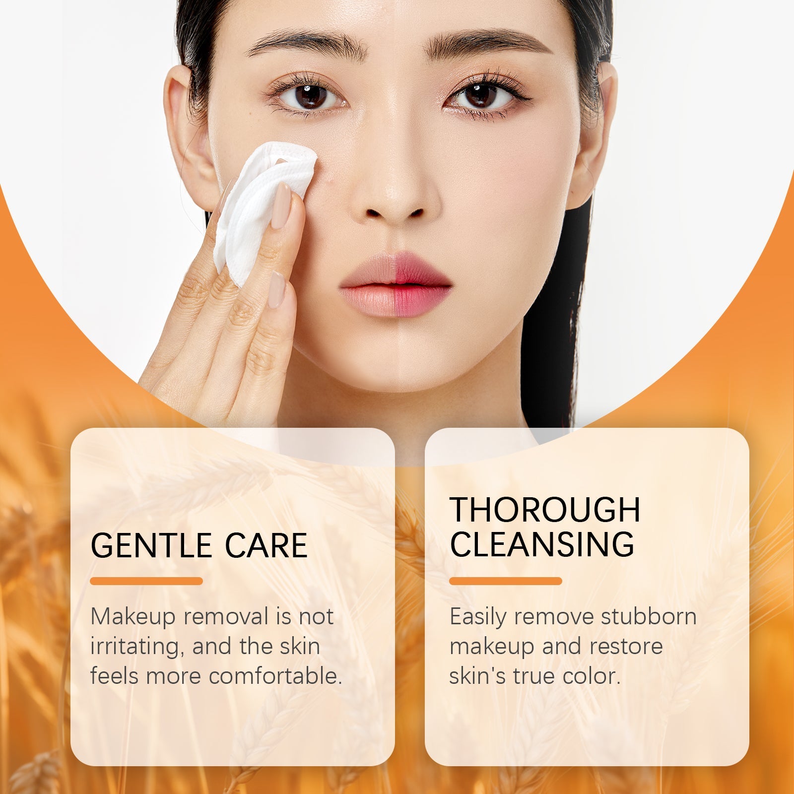 Close-up demonstration of cleansing action with model using product on face and benefit callouts