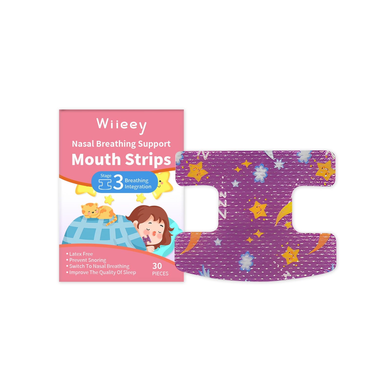 Child peacefully sleeping in bed wearing mouth strip with before/after comparison panels on left showing sleep improvement