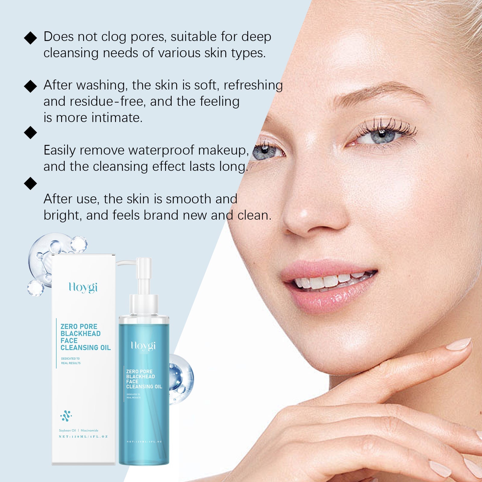 Detailed benefits listed with close-up skin textures and product alongside water background