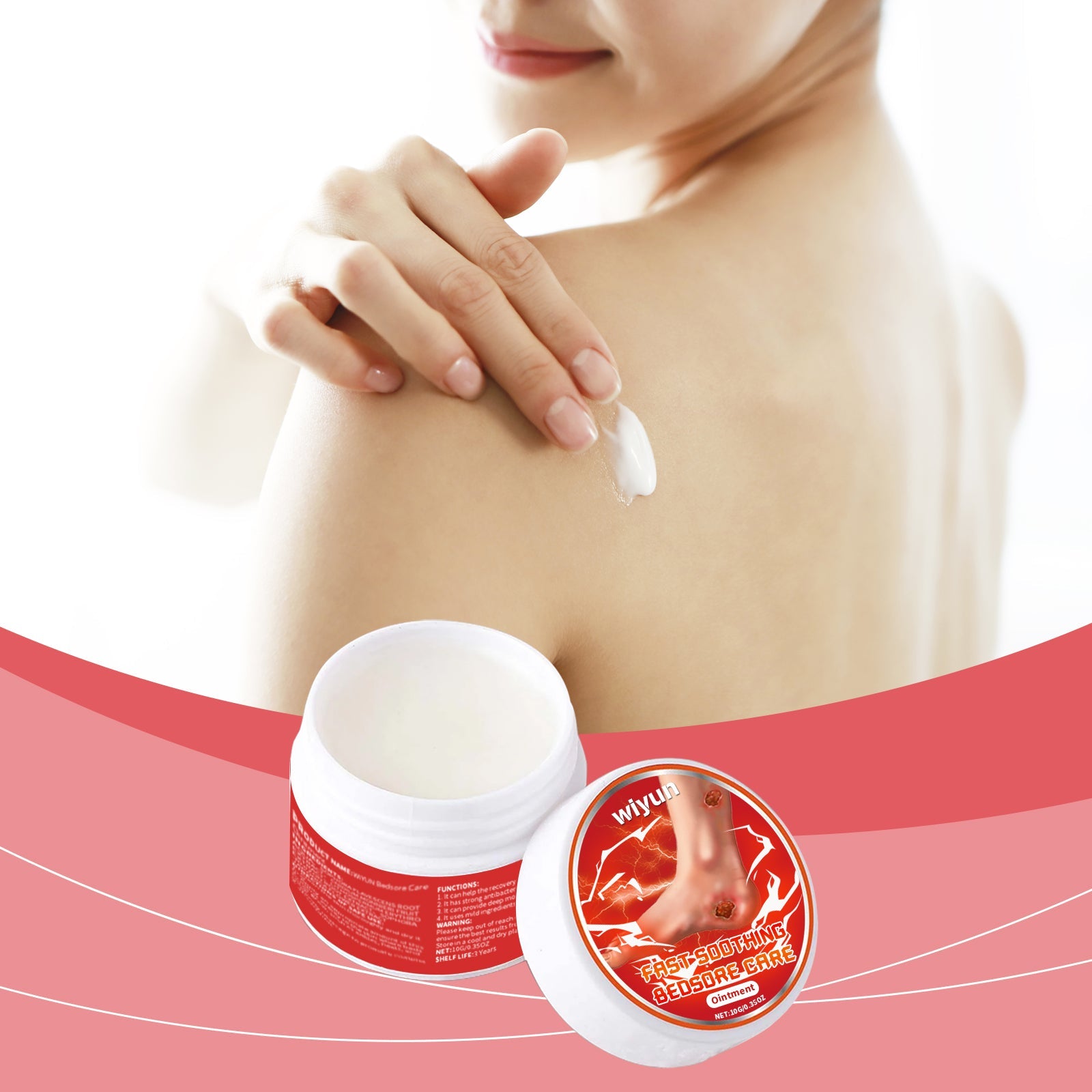 Woman's shoulder and neck showing application of white cream ointment with pink design background