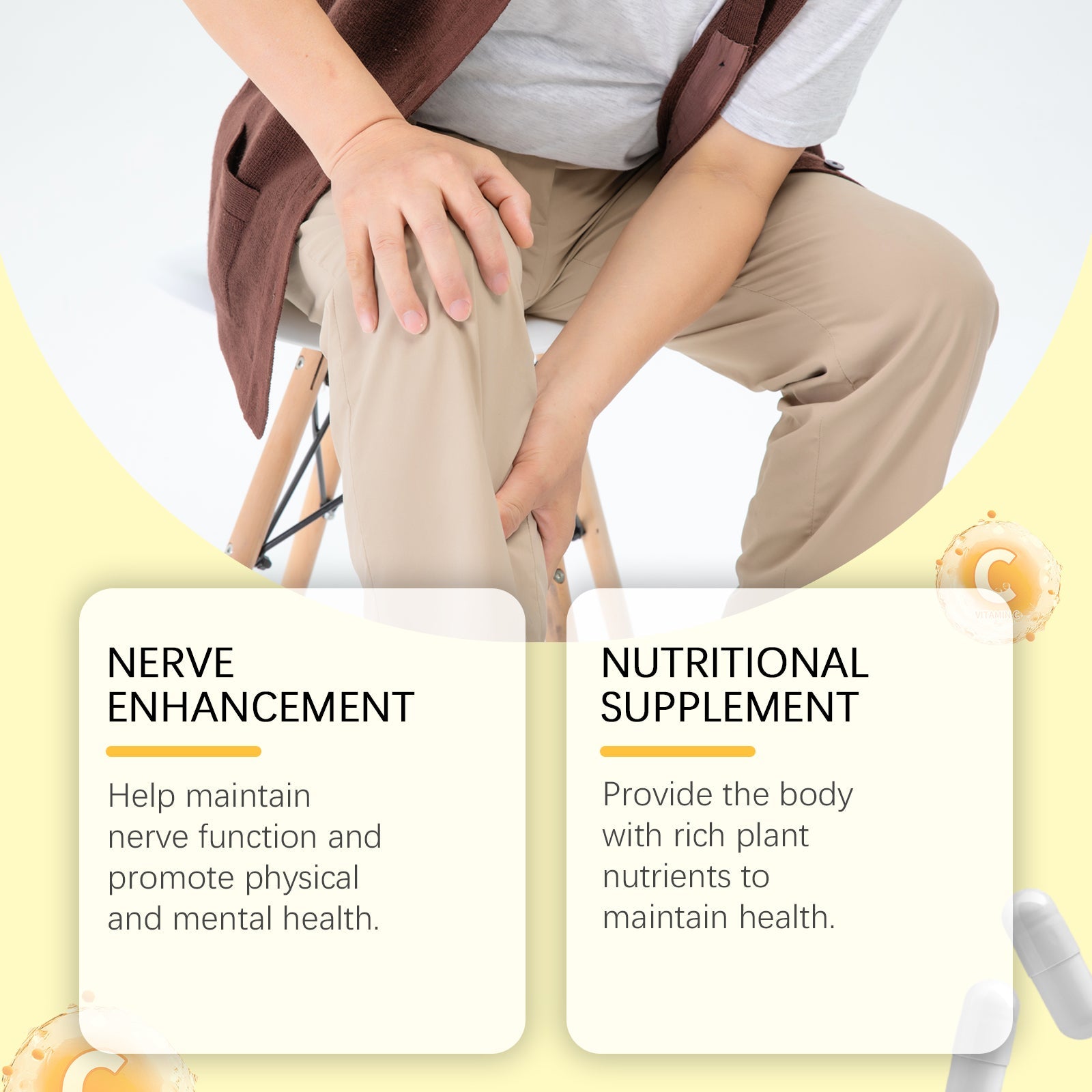 Split-screen infographic showing senior person's hand on knee with two benefit cards: 'Nerve Enhancement' and 'Nutritional Supplement'