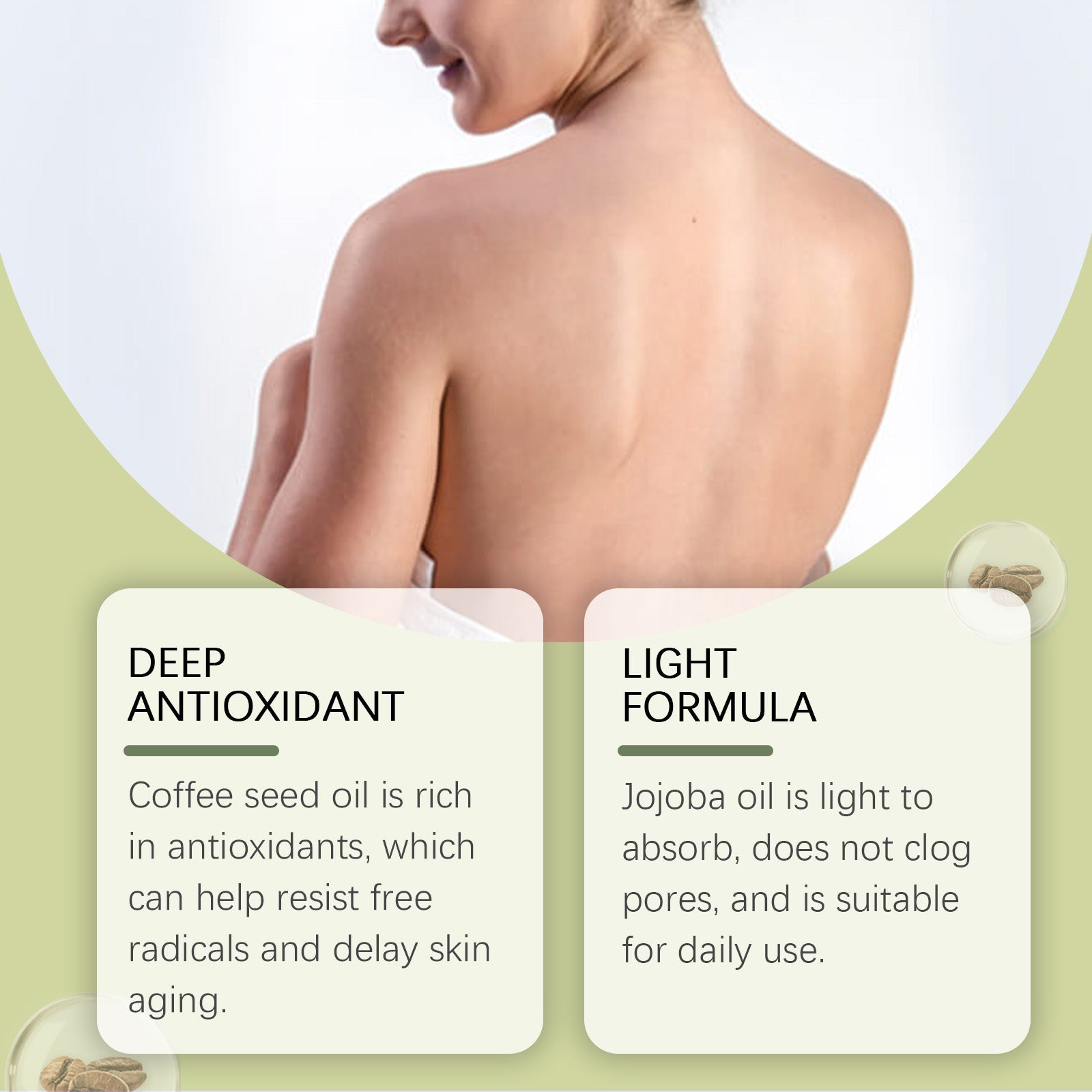 Shirtless woman from behind with two benefit cards: 'Deep Antioxidant' and 'Light Formula'