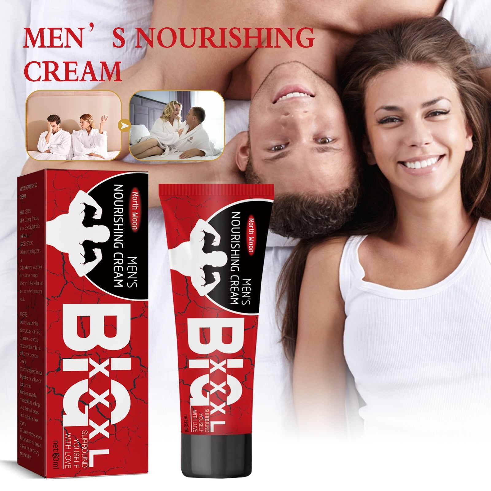 Product box and tube displayed against white background showing red packaging with black and white branding