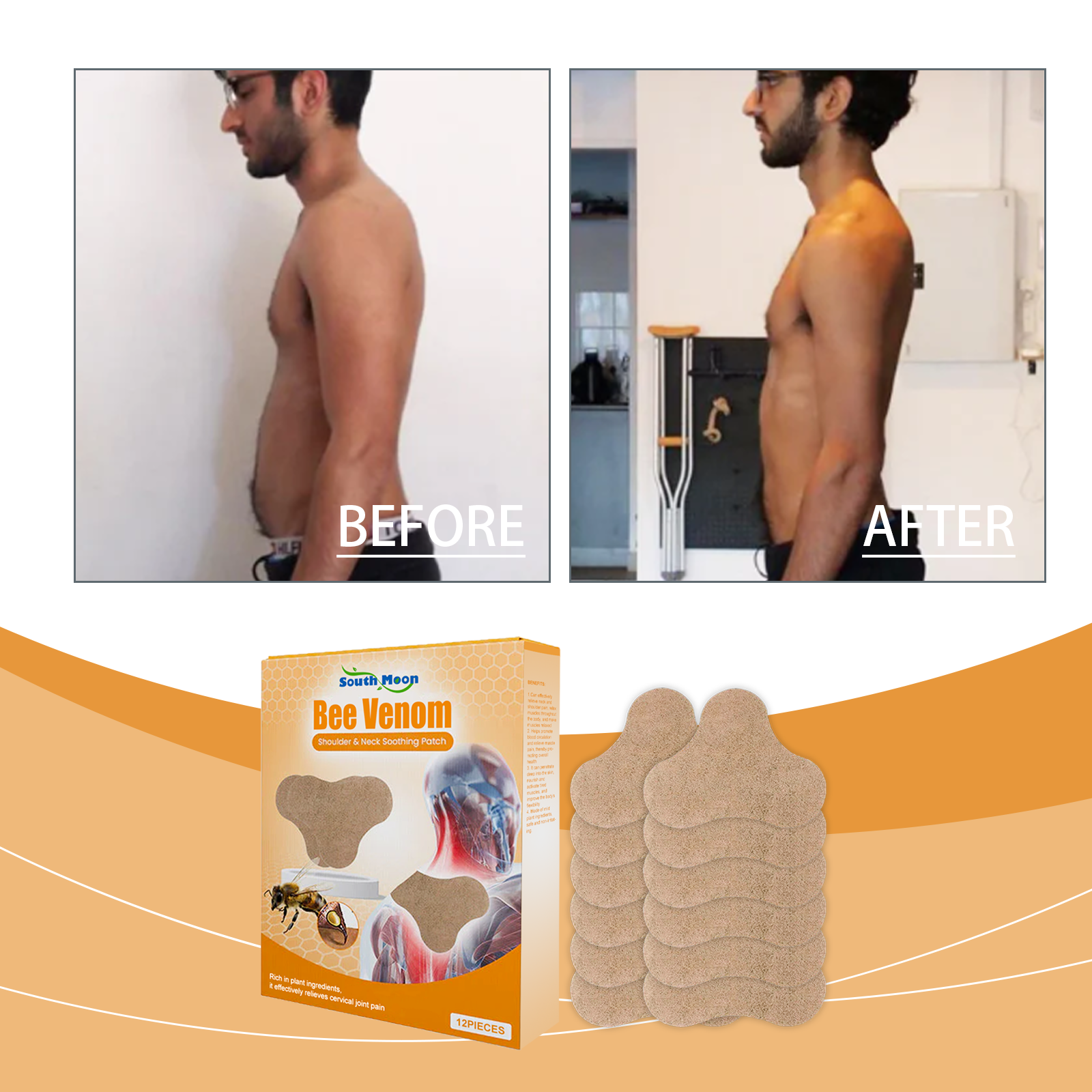 Woman from behind touching neck with visible pain visualization (red/orange heat gradient) and product packaging