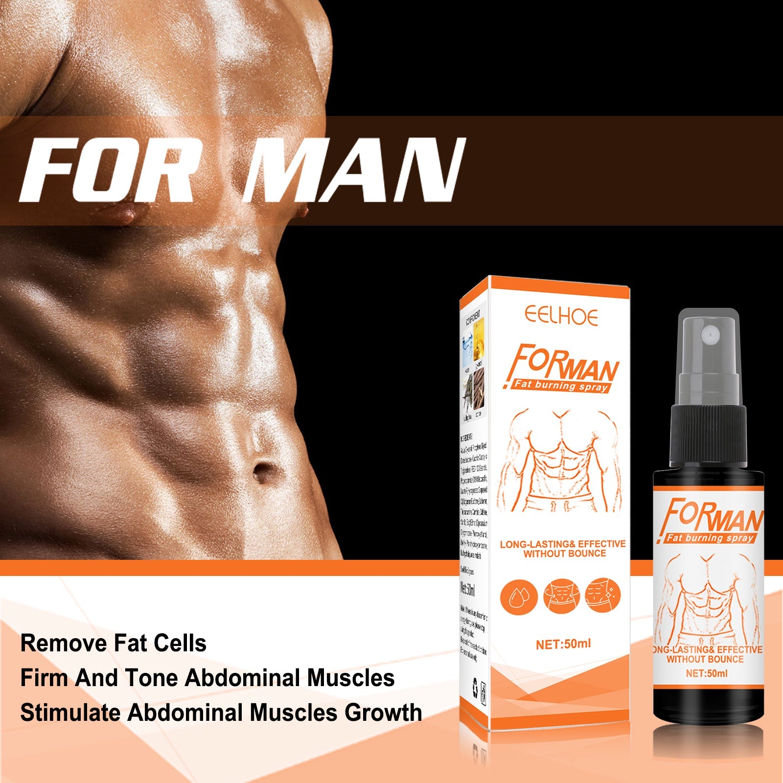Athletic male torso with visible muscle definition and 'FOR MAN' text overlay, paired with product imagery on right side