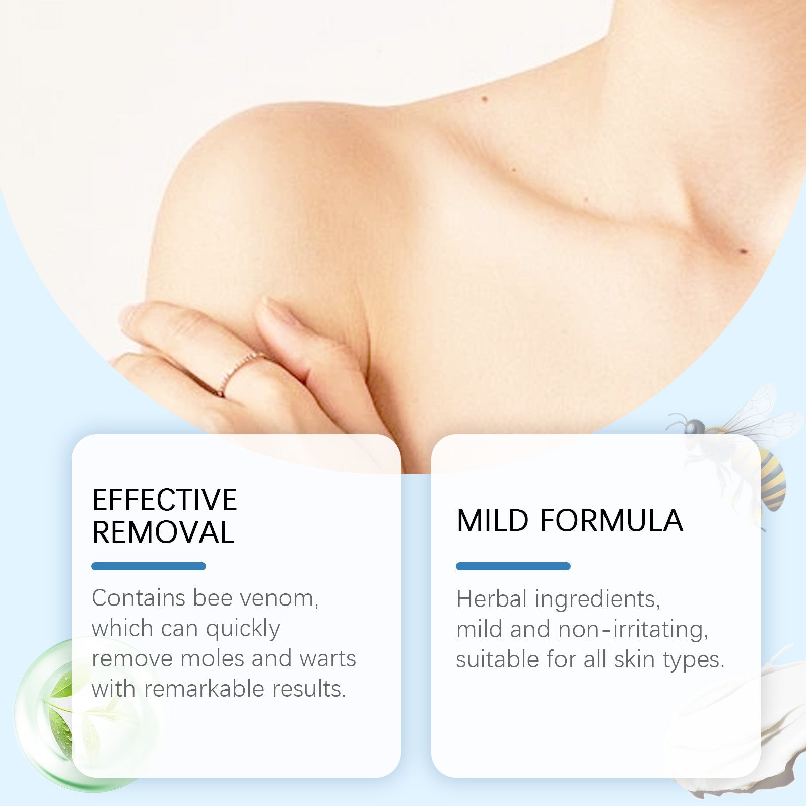 Lifestyle image showing hand application and key benefit messaging highlighting bee venom effectiveness and mild herbal formula suitability for all skin types