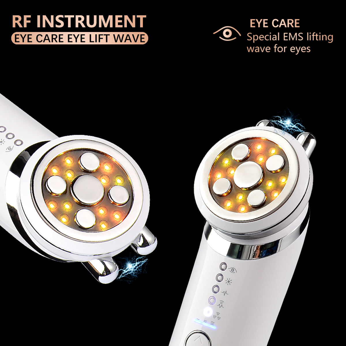 RF device positioned above illuminated skin cross-section showing thermal energy penetration into collagen layers with glow effect