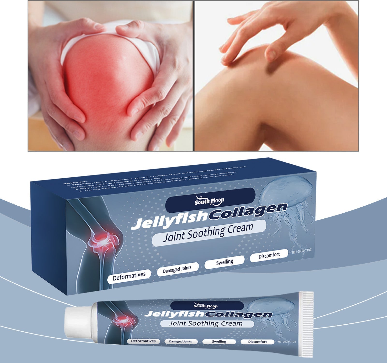 Person seated applying cream to knee with benefit claims overlaid (Quick Relief, Improve Toughness) with decorative ingredient callouts