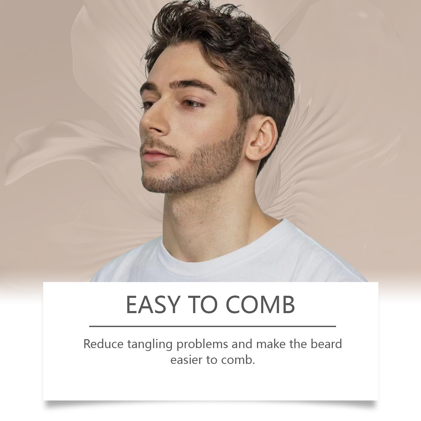 Man in profile with well-groomed medium beard against cream background with 'Easy to Comb' headline