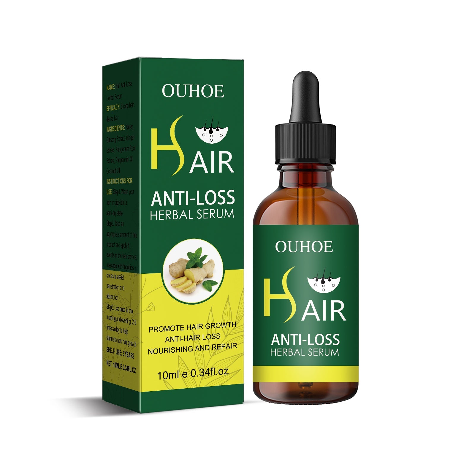 Detailed product shot showing amber dropper bottle beside tall rectangular green and yellow box with herbal branding