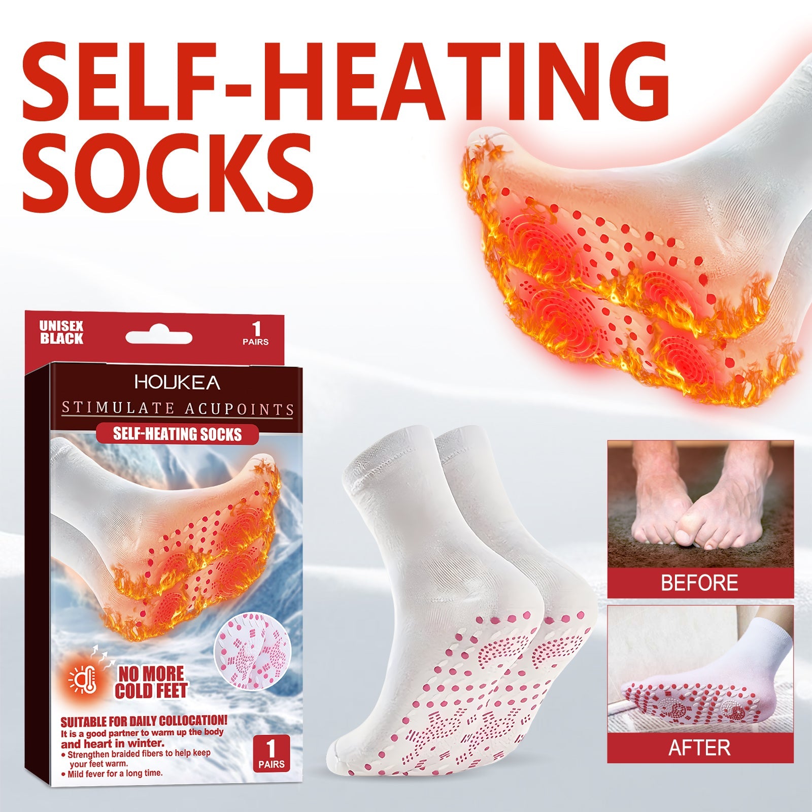 Product box showing HOUKEA Self-Heating Socks with acupoint stimulation, brand name, 1 pairs labeling, and product visualization