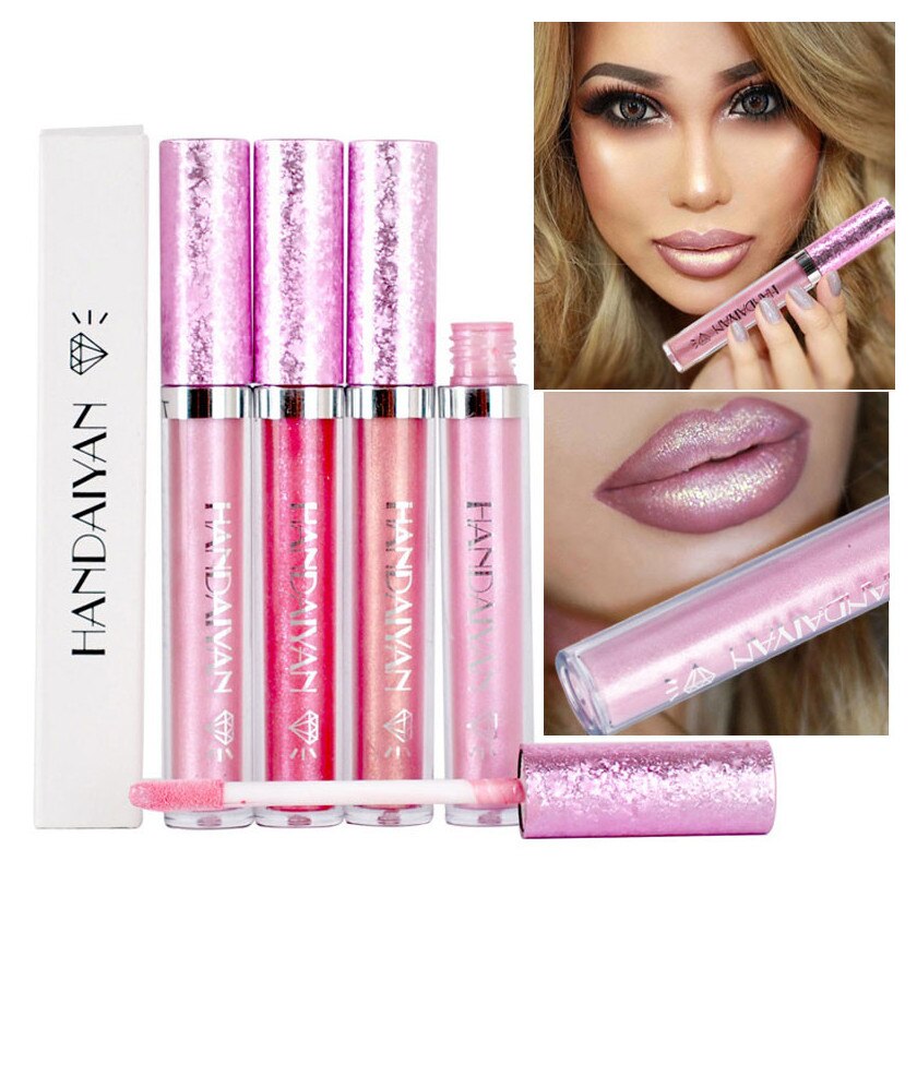 Six tubes of HANDAIYAN liquid glitter lipgloss in different shades lined up showing metallic pink caps