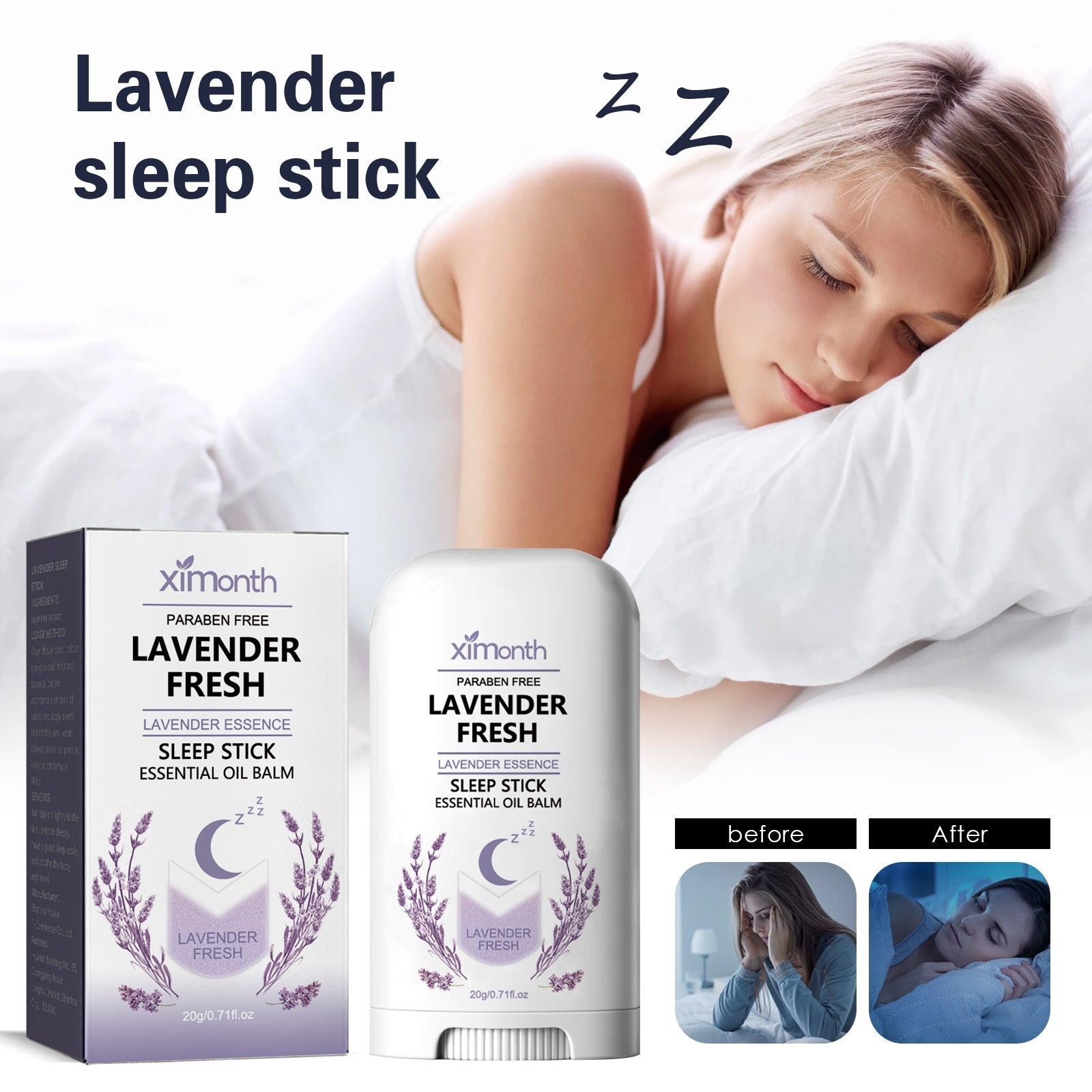 Woman peacefully sleeping in bed with product and packaging displayed in foreground