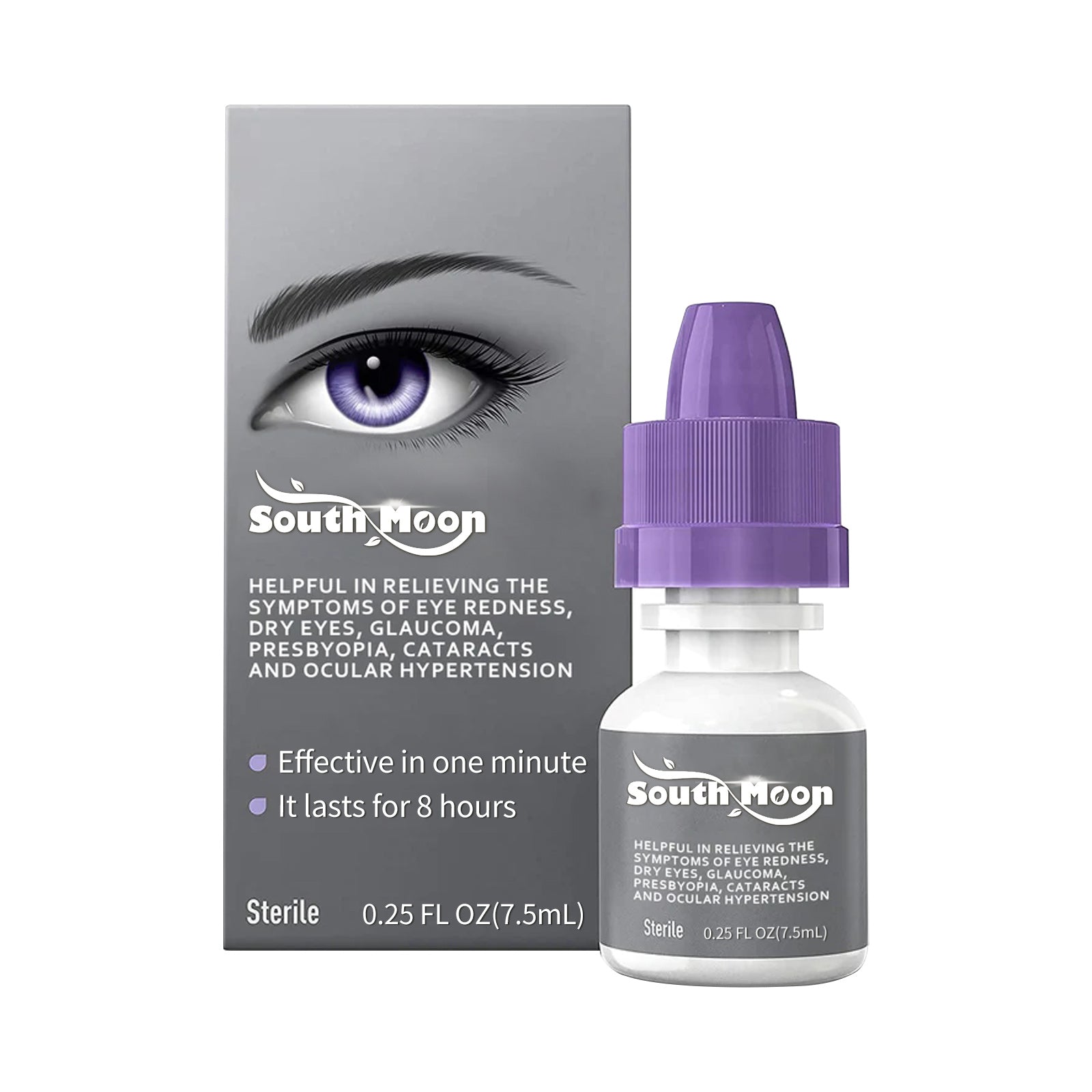 Woman in office setting experiencing eye discomfort with close-up detail images showing inflamed red eye and healthy brown eye