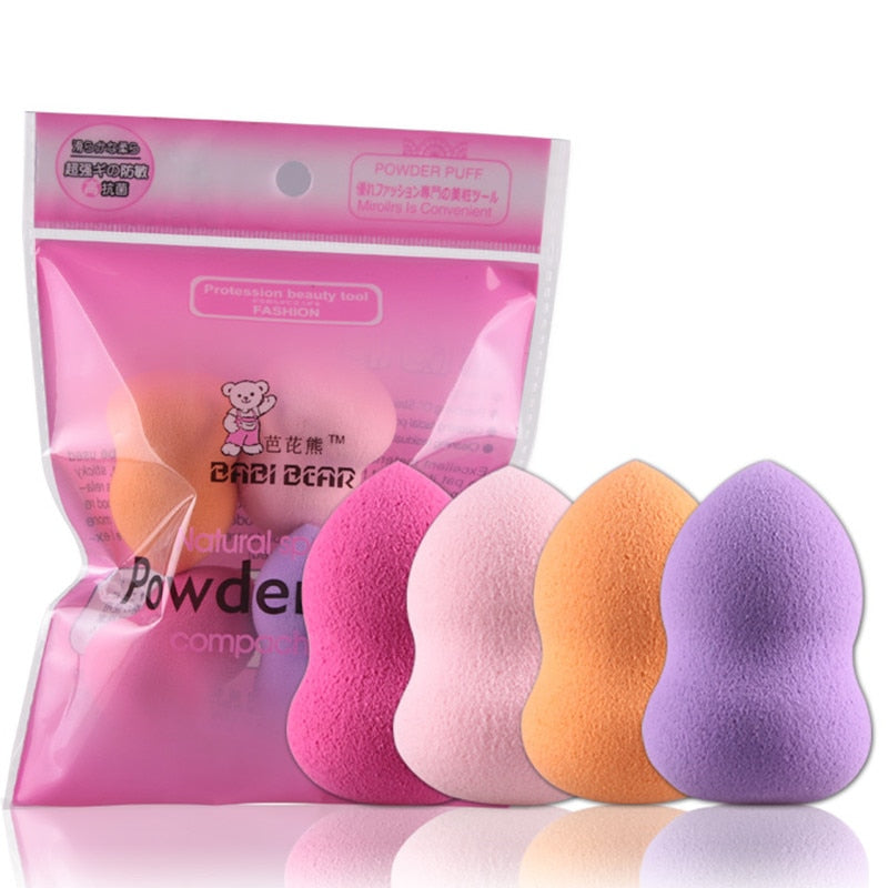 Pink resealable pouch with BABI BEAR branding and Japanese text showing 4 makeup sponges displayed outside