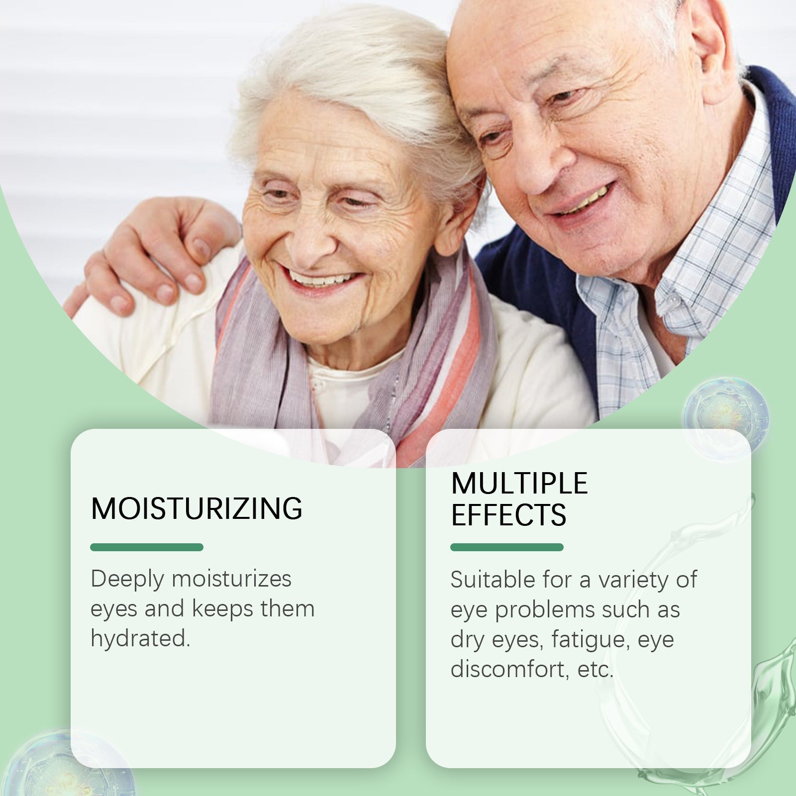 Elderly couple smiling together with text cards highlighting moisturizing and multiple effects benefits
