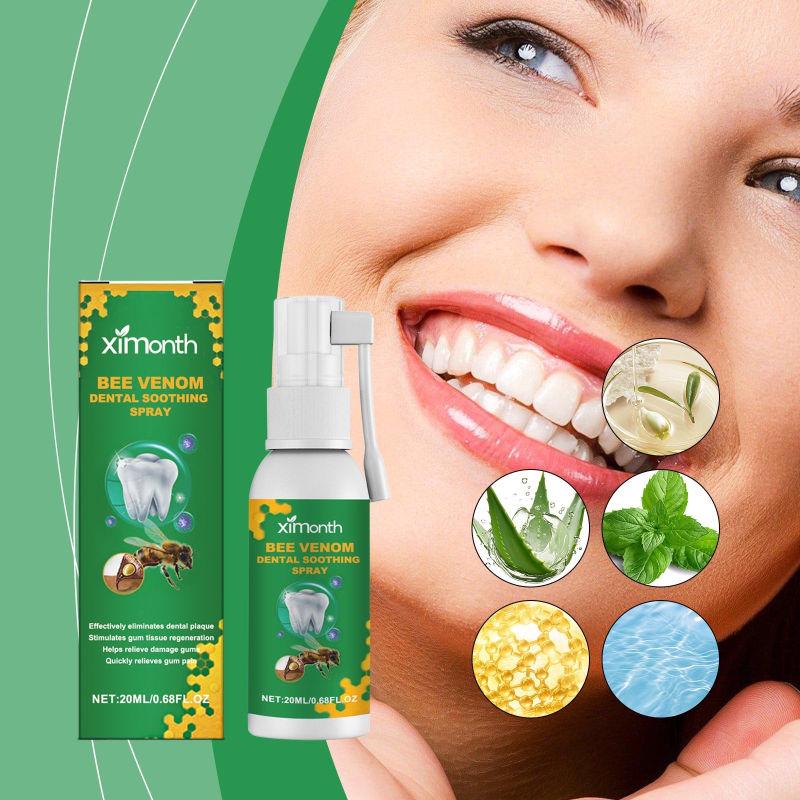 Close-up of smiling woman with bright white teeth displaying healthy gums, surrounded by ingredient ingredient circles showing bee venom, mint, aloe vera, honey, and water