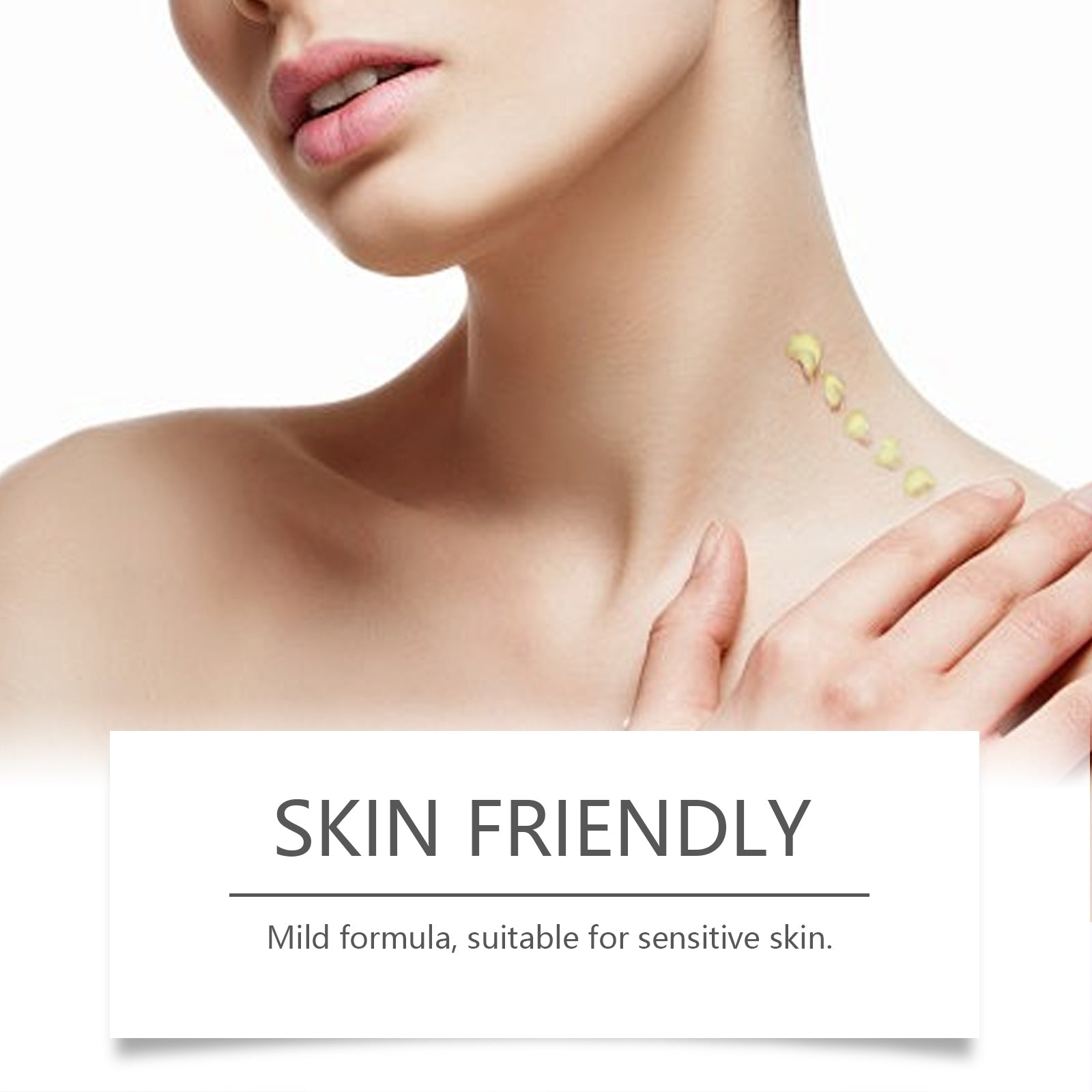 Woman's neck and chest with pale yellow salve swatches demonstrating skin-friendly, mild formula with text 'Skin Friendly - Mild formula, suitable for sensitive skin'