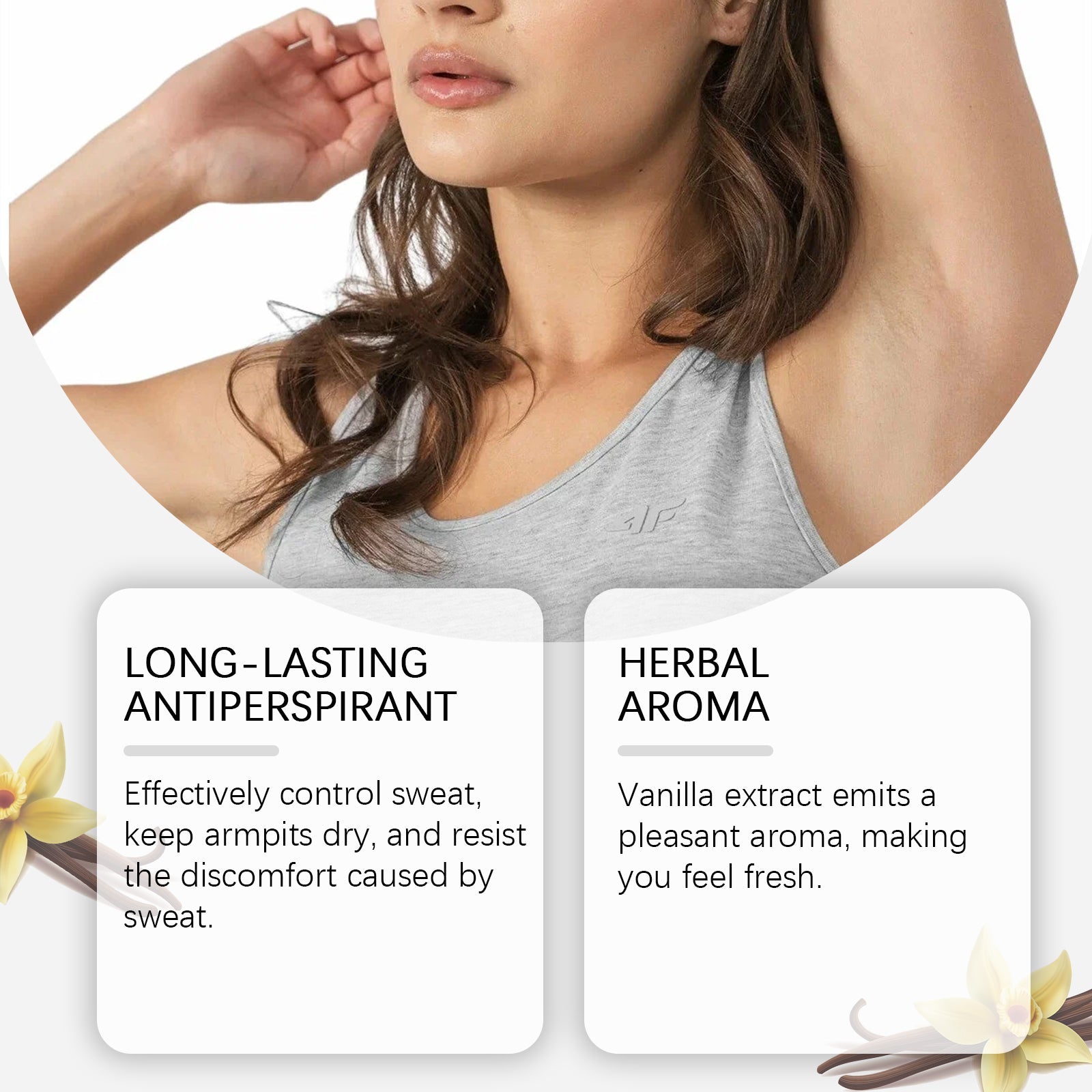 Before and after comparison showing woman with body odor concern transforming to confident, fresh appearance