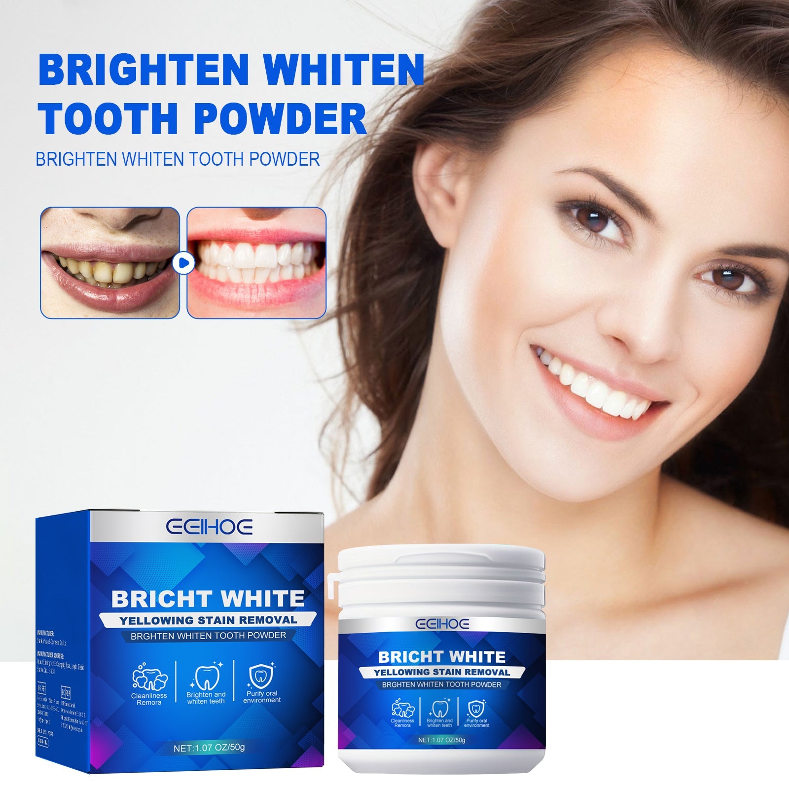 Infographic showing three problem areas: yellow teeth, bad breath, and poor oral environment with product packaging
