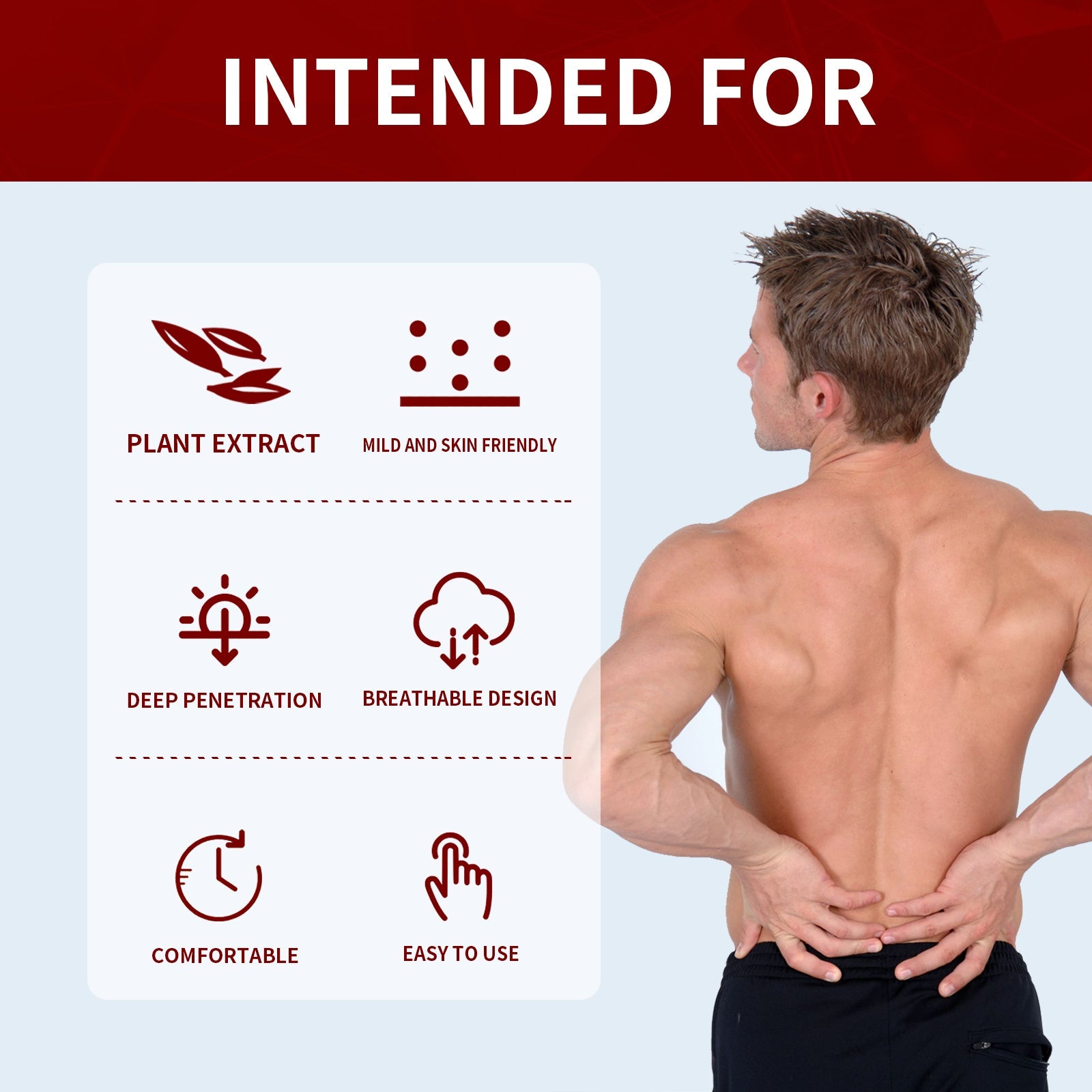 Split-screen before/after imagery of male patient showing kidney pain relief progression, with product box and patch visible, man's posture shifting from pain (red hand glow) to comfortable relaxed state