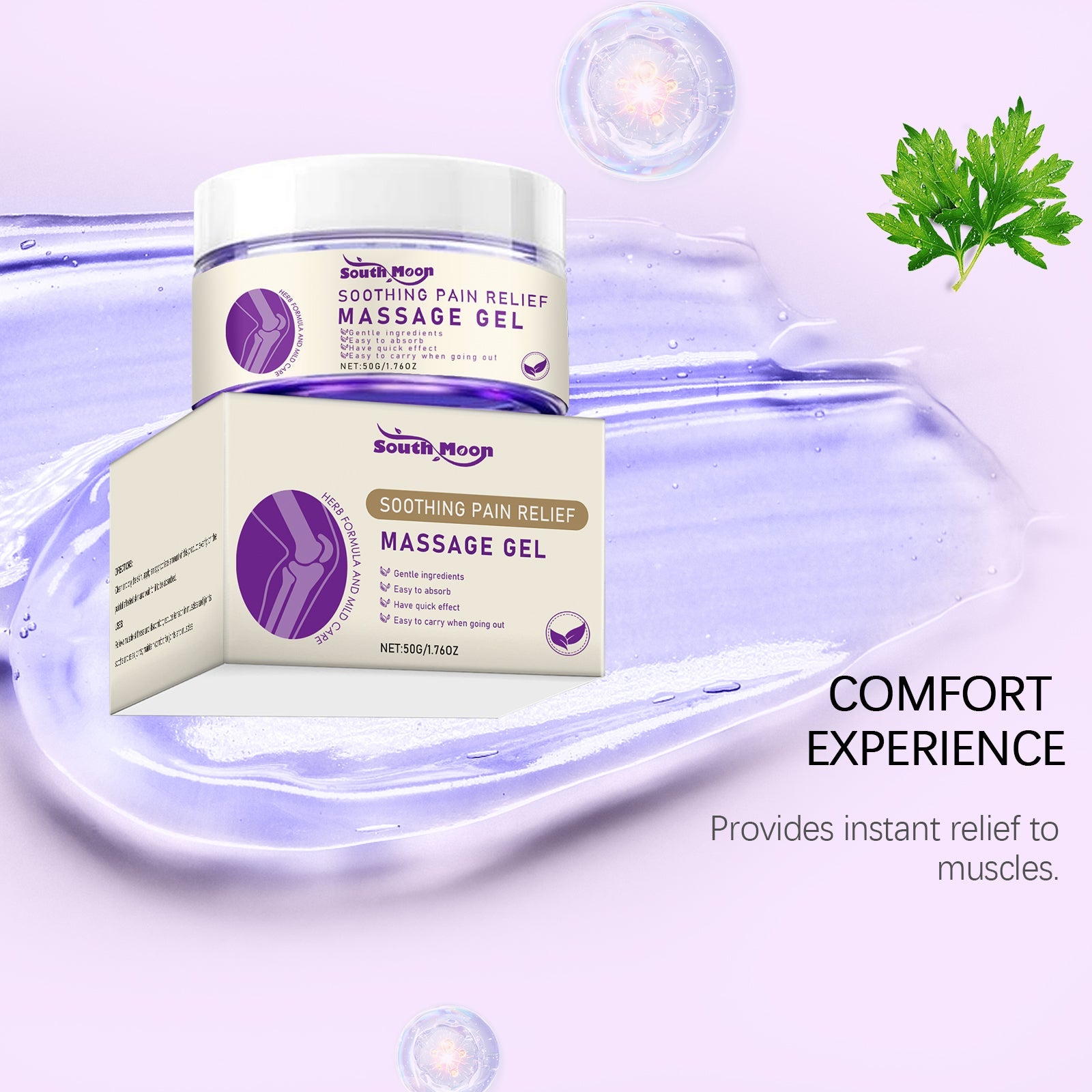 Product jar on lavender liquid surface with gel texture visible, fresh mint leaf, glowing orb detail, 'Comfort Experience' text, 'Provides instant relief to muscles' messaging