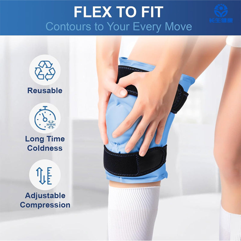 Marketing banner reading 'FLEX TO FIT - Contours to Your Every Move' with icons for Reusable, Long Time Coldness, and Adjustable Compression