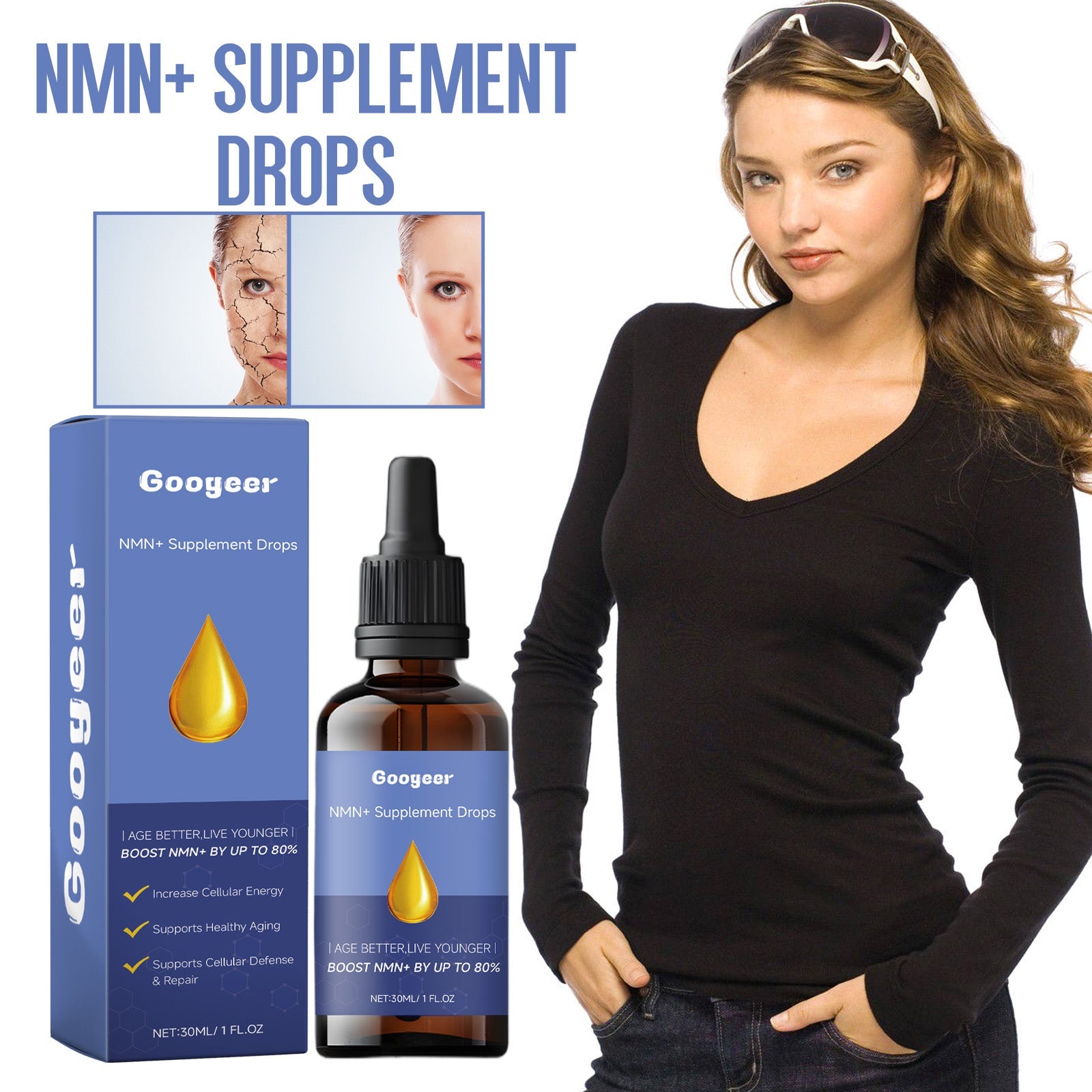 Split-face comparison showing cracked, dull skin vs. smooth, glowing skin; lifestyle shot of young woman with healthy skin