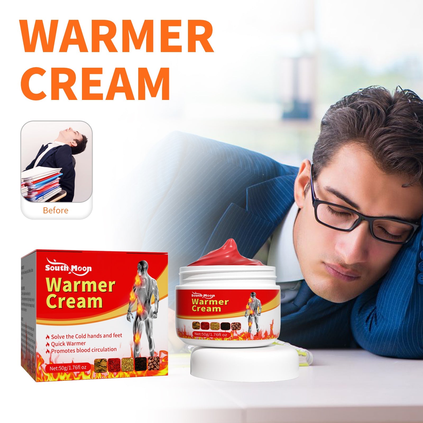 Four problem scenarios shown: cold pink hands on radiator, pale skin, man with asthenia slumped at desk, and numbness of hands and feet