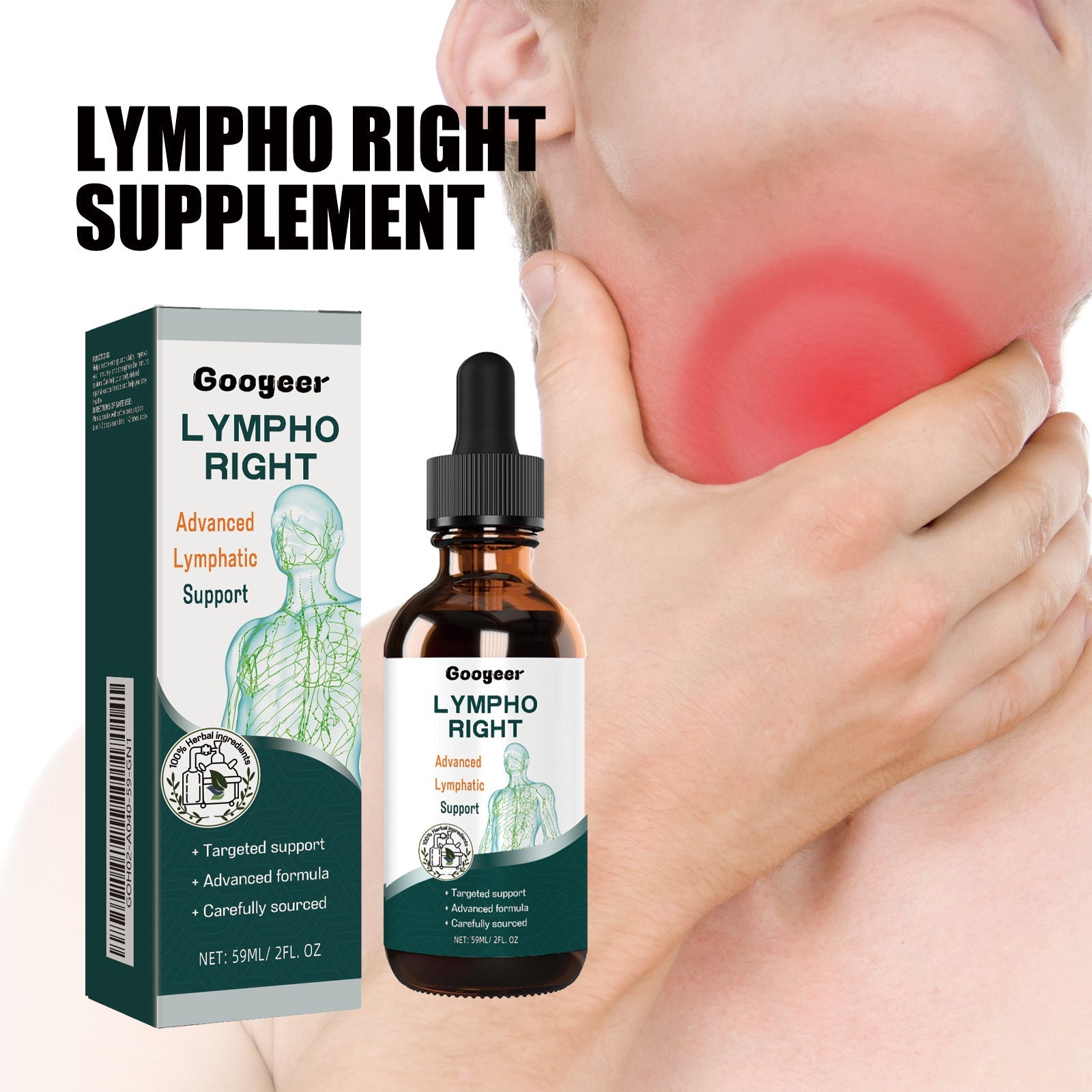 Close-up lifestyle image of person's neck and jaw area with red swelling highlight overlay and 'Lympho Right Supplement' text overlay