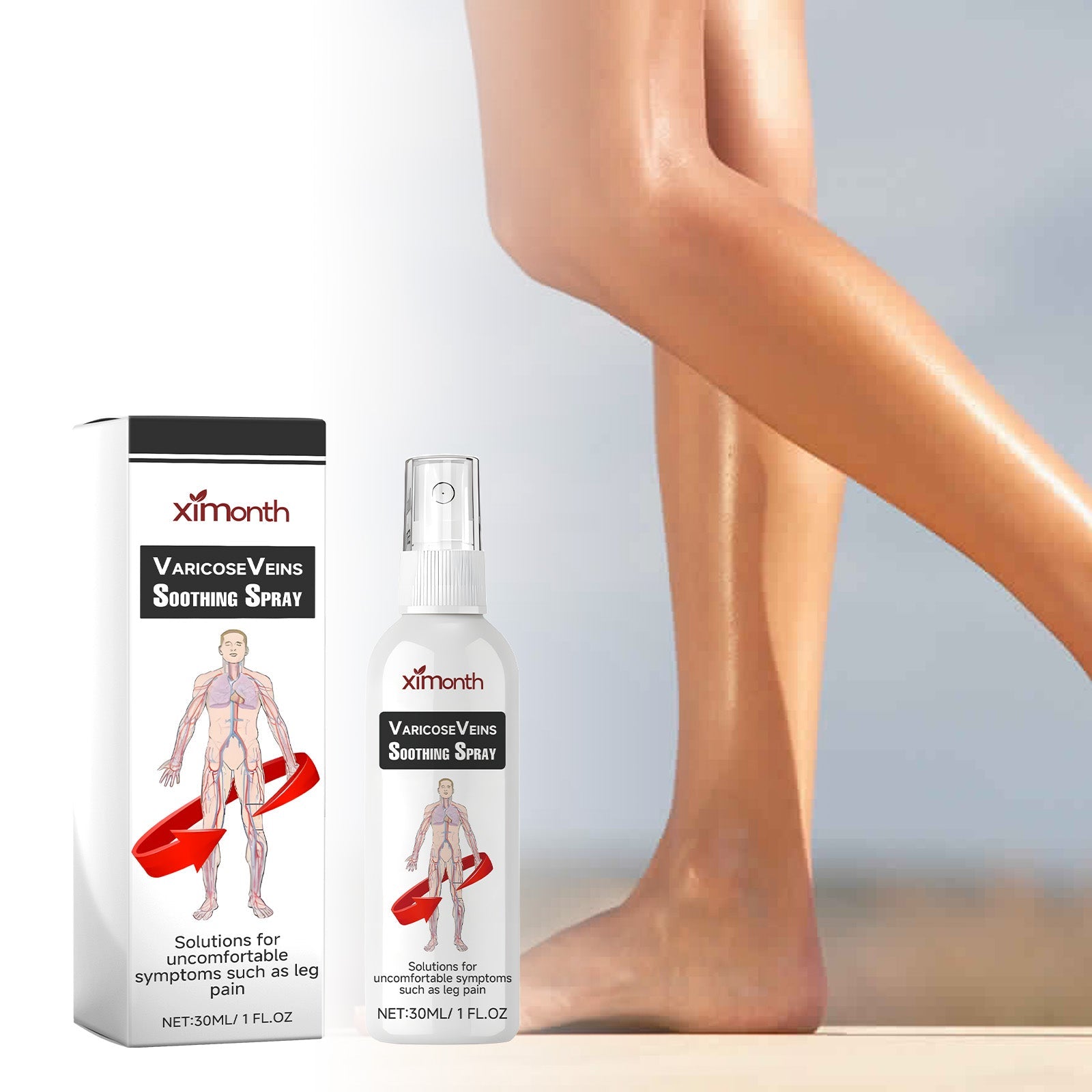 Woman's leg displayed from knee to ankle showing application of spray on smooth skin