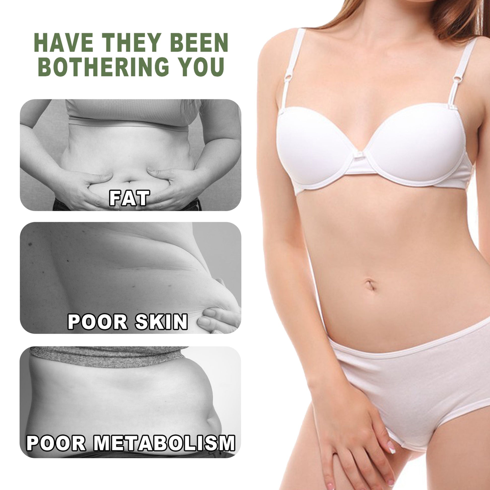 Four-panel before/after comparison showing back waist, torso definition, and leg appearance improvements
